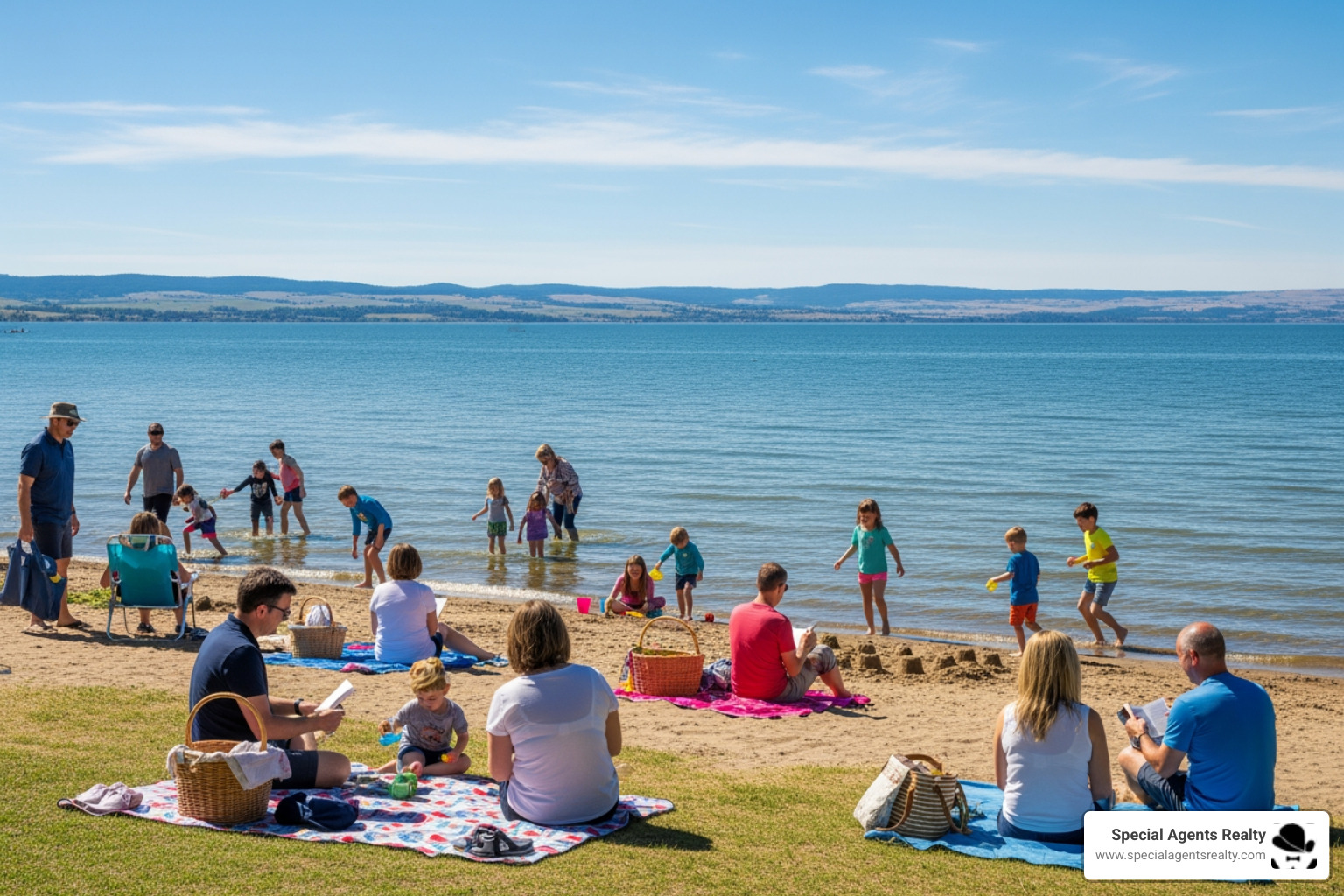 Families enjoying a sunny day at Doris Cooper Houghton Beach Park with Lake Washington in the background - buy a home in houghton wa