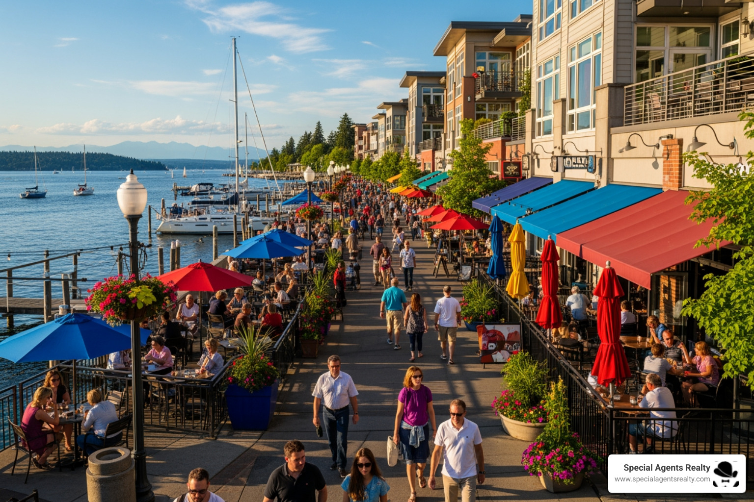 Downtown Kirkland waterfront area with shops, restaurants, and people enjoying the promenade - buy a home in houghton wa