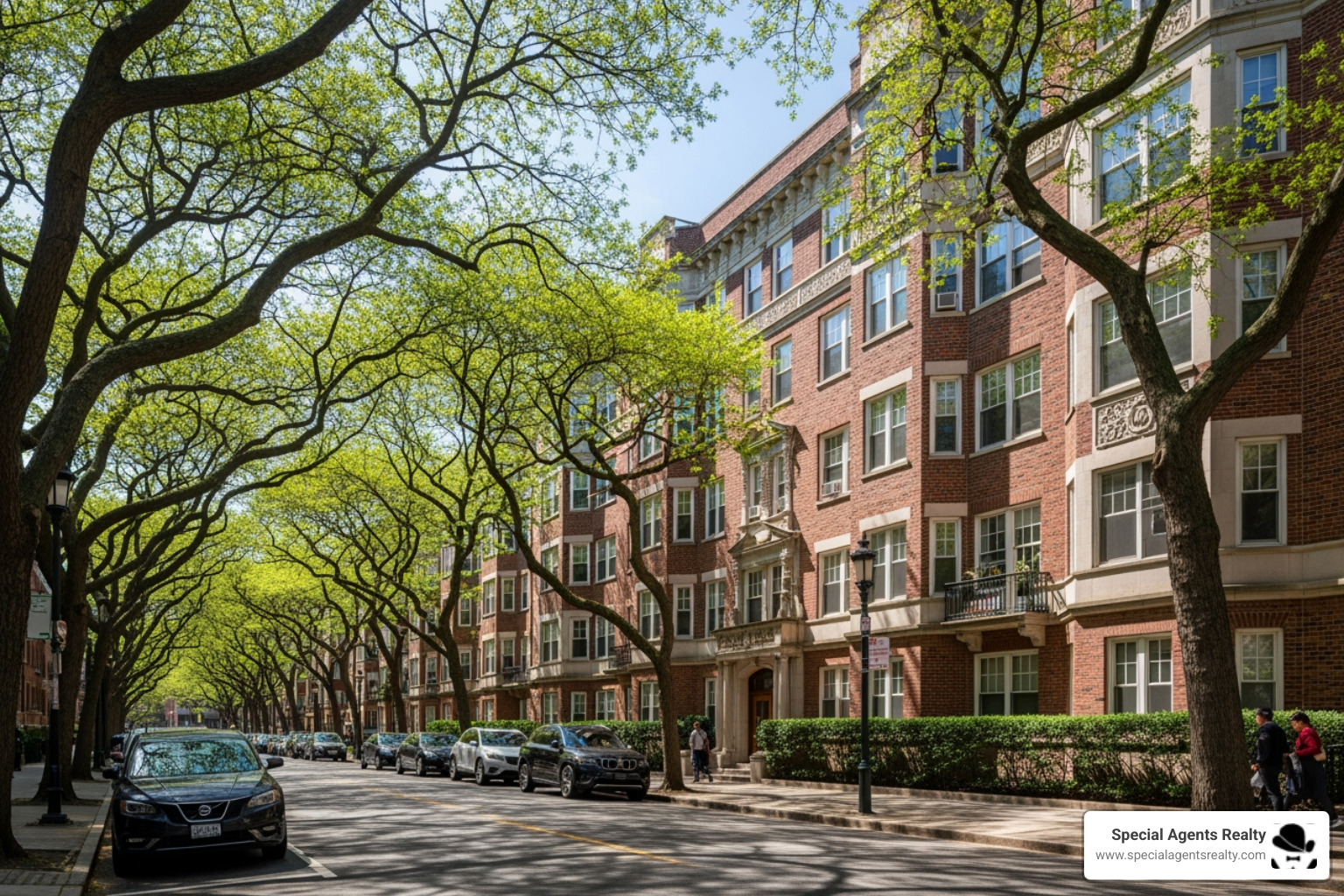 classic brick condo building on a tree-lined street in Madison Park - buy a condo in madison park wa