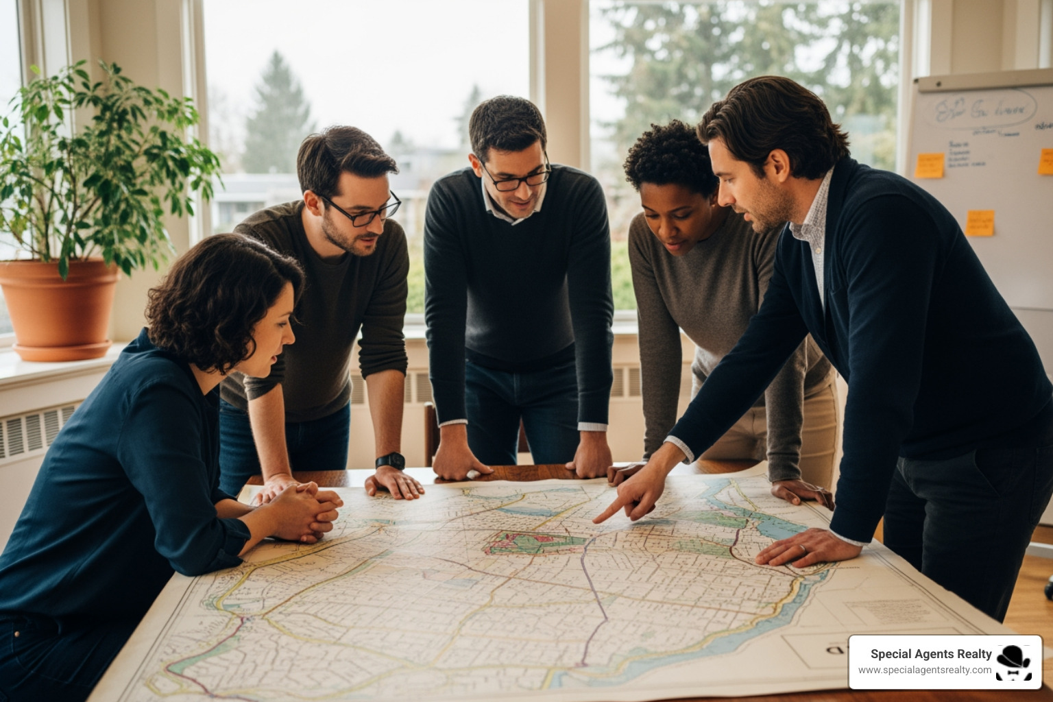 Diverse group of people looking at a property map of Ballard - best real estate agent in ballard wa Diverse group of people looking at a property map of Ballard - best real estate agent in ballard wa
