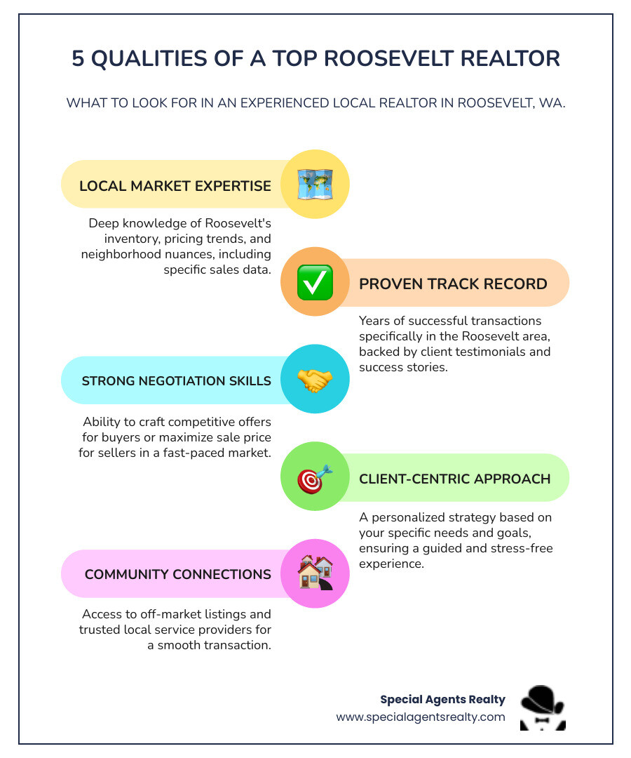 Infographic showing the five key qualities of an experienced Roosevelt realtor: local market expertise with neighborhood-specific sales data, proven track record with client testimonials and success stories, strong negotiation skills for competitive offers, client-centric approach with personalized strategies, and community connections for off-market opportunities - experienced local realtor in roosevelt wa infographic infographic-line-5-steps-colors Infographic showing the five key qualities of an experienced Roosevelt realtor: local market expertise with neighborhood-specific sales data, proven track record with client testimonials and success stories, strong negotiation skills for competitive offers, client-centric approach with personalized strategies, and community connections for off-market opportunities - experienced local realtor in roosevelt wa infographic infographic-line-5-steps-colors
