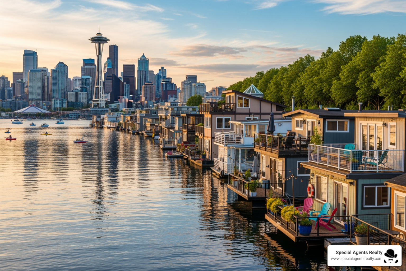 Besides dedicated classifieds, which real estate agencies in Seattle list houseboats for sale?