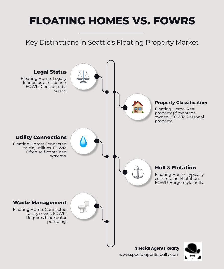 Infographic showing the key differences between Floating Homes (connected to city utilities, real property if moorage owned, hull typically concrete flotation) and FOWRs (self-contained systems, personal property, barge-style hulls, requires blackwater pumping) - "Besides dedicated classifieds, which real estate agencies in Seattle list houseboats for sale?" infographic infographic-line-5-steps-elegant_beige
