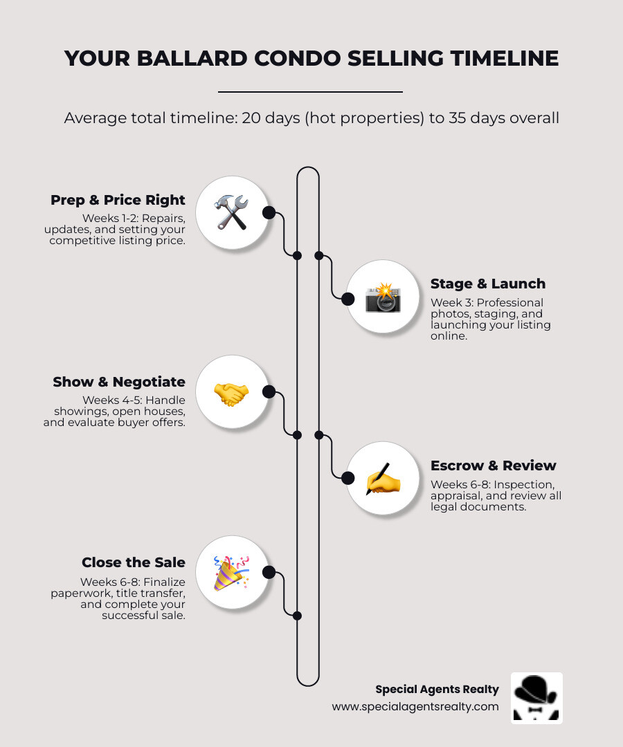 Infographic showing the complete timeline for selling a Ballard condo: Week 1-2 (Preparation, pricing, repairs), Week 3 (Professional photos, listing launch), Week 4-5 (Showings, open houses, offers), Week 6-8 (Inspection, appraisal, escrow), with average total timeline of 20 days for hot properties and 35 days overall - sell my condo in ballard wa infographic infographic-line-5-steps-elegant_beige