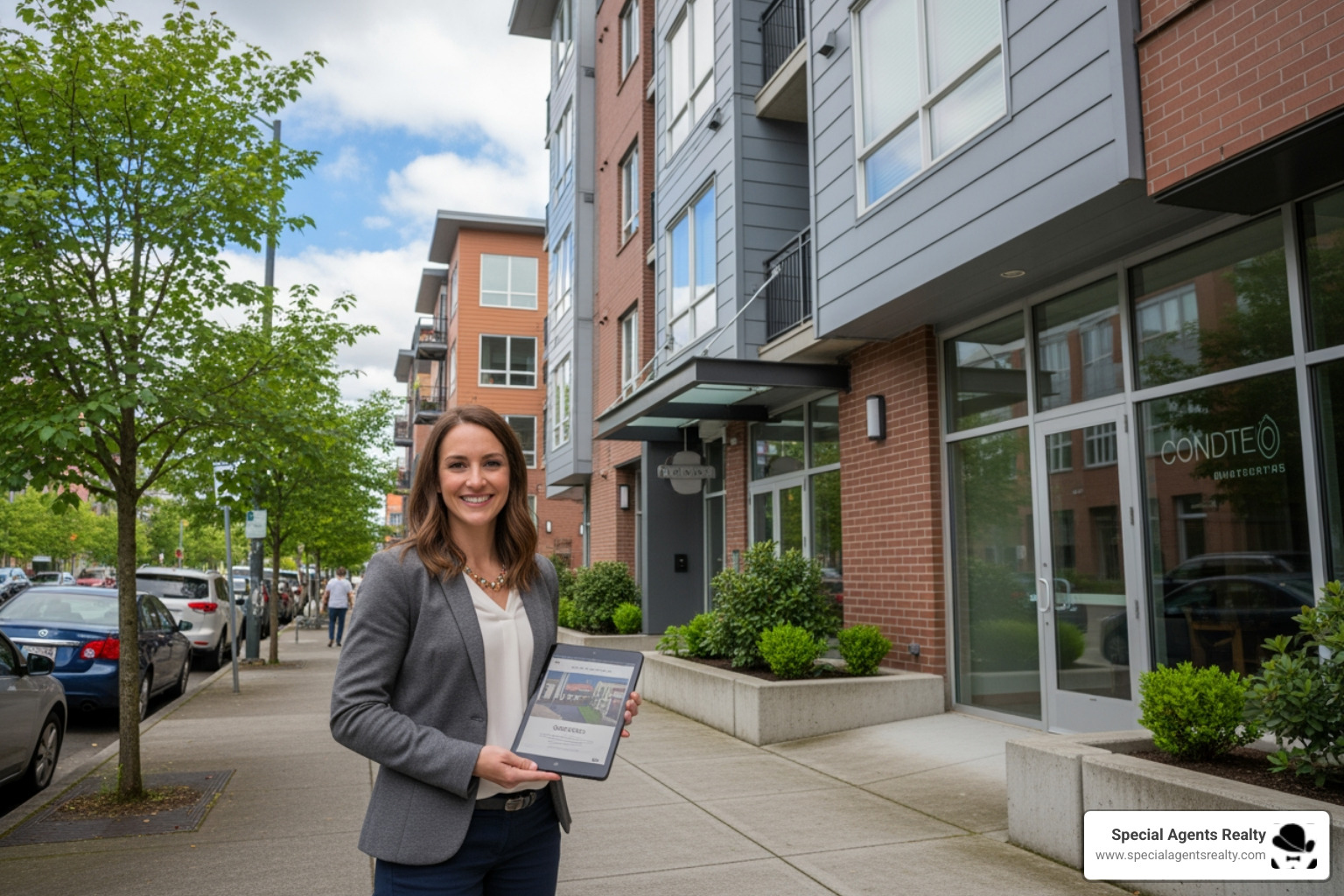 Infographic showing the key benefits of working with a Madison Valley condo specialist: local market data including median list price of $899,000 and average price per square foot of $622.79, expertise in HOA documents and building amenities, access to exclusive listings in complexes like Madison Lofts and Madison Parkview, and guidance through the full buying or selling process from pre-approval to closing - condo realtor in madison valley wa