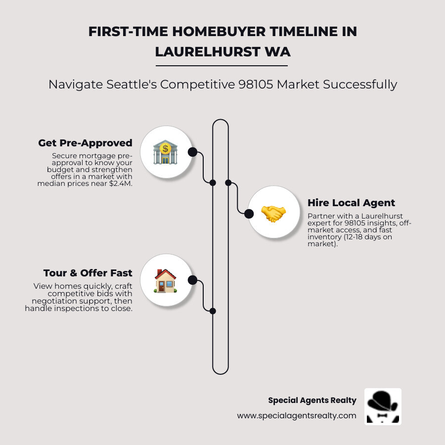Infographic showing the first-time homebuyer timeline in Laurelhurst WA: Step 1 - Get pre-approved for a mortgage and understand your budget; Step 2 - Connect with a local first-time homebuyer agent who knows the 98105 market; Step 3 - Tour homes quickly as inventory moves fast (12-18 days on market); Step 4 - Submit competitive offers with expert negotiation support; Step 5 - Complete inspections and appraisals with agent guidance; Step 6 - Close on your home and celebrate your Laurelhurst investment - first time homebuyer agent in laurelhurst wa infographic infographic-line-3-steps-elegant_beige Infographic showing the first-time homebuyer timeline in Laurelhurst WA: Step 1 - Get pre-approved for a mortgage and understand your budget; Step 2 - Connect with a local first-time homebuyer agent who knows the 98105 market; Step 3 - Tour homes quickly as inventory moves fast (12-18 days on market); Step 4 - Submit competitive offers with expert negotiation support; Step 5 - Complete inspections and appraisals with agent guidance; Step 6 - Close on your home and celebrate your Laurelhurst investment - first time homebuyer agent in laurelhurst wa infographic infographic-line-3-steps-elegant_beige