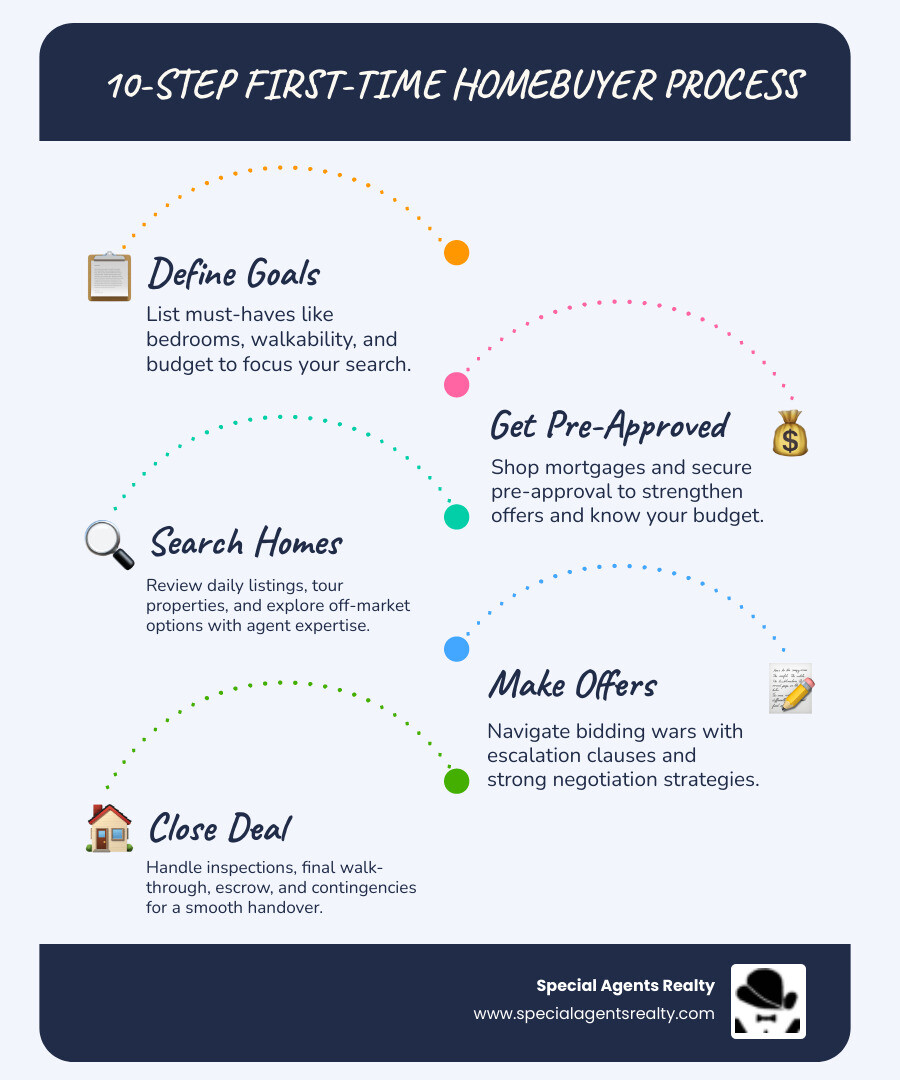 infographic showing the 10-step first-time homebuyer process from pre-approval through closing, including financial preparation, home search, offer negotiation, inspections, and final walk-through - first time homebuyer agent in ballard wa infographic infographic-line-5-steps-blues-accent_colors