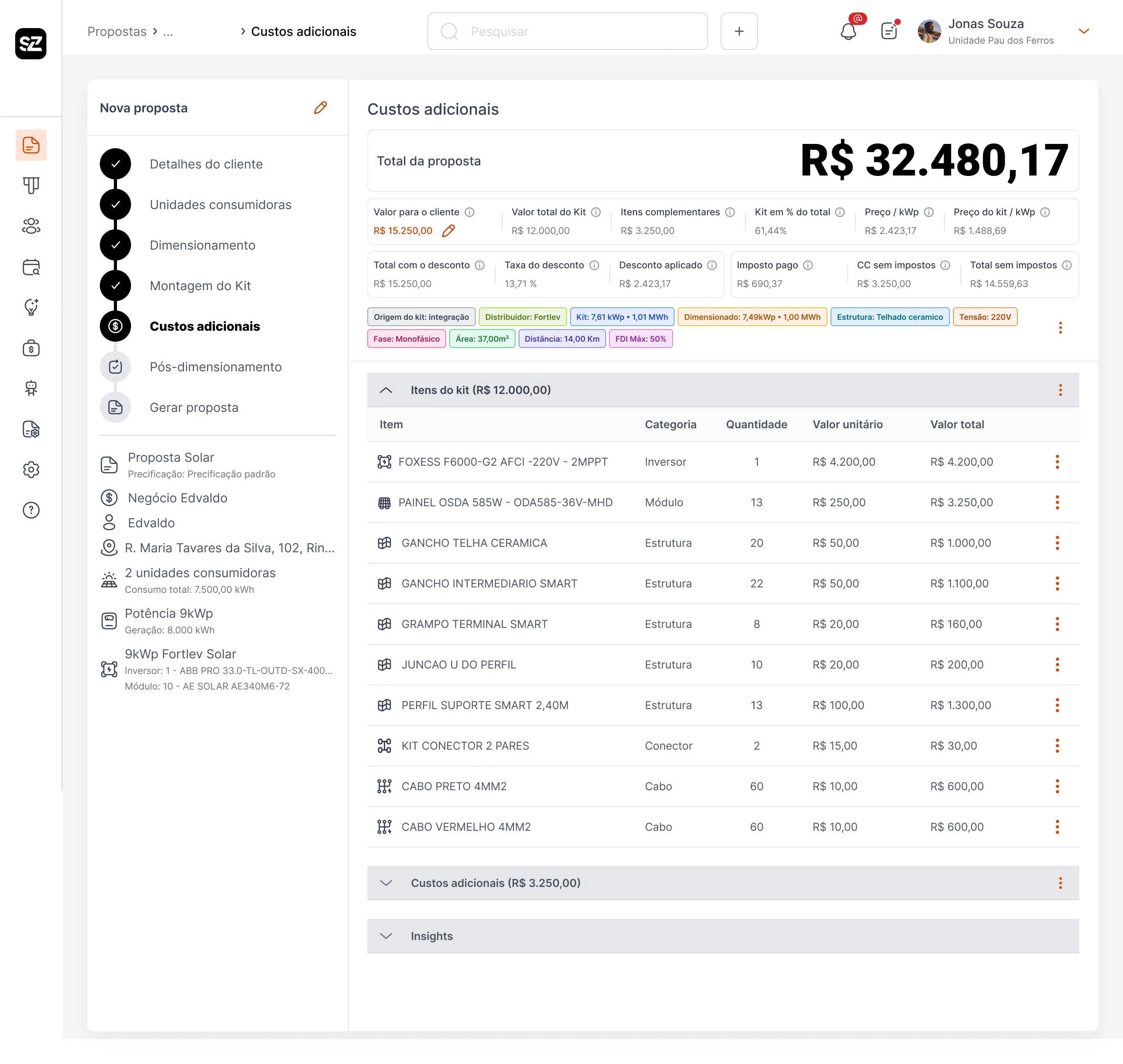 Gerador de Propostas SolarZ: fase de custos adicionais