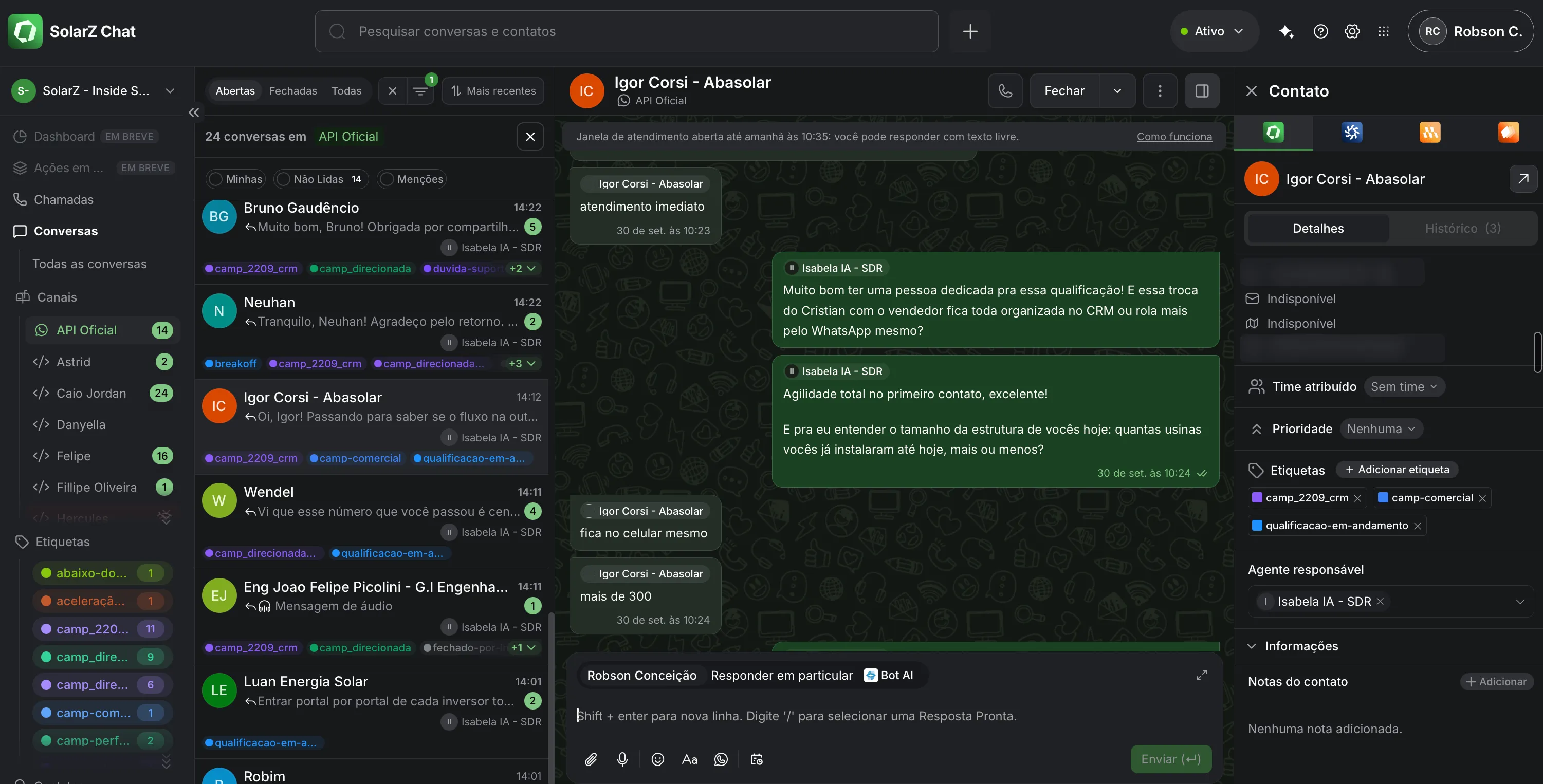 IA de pré-qualificação atendendo um lead no WhatsApp oficial