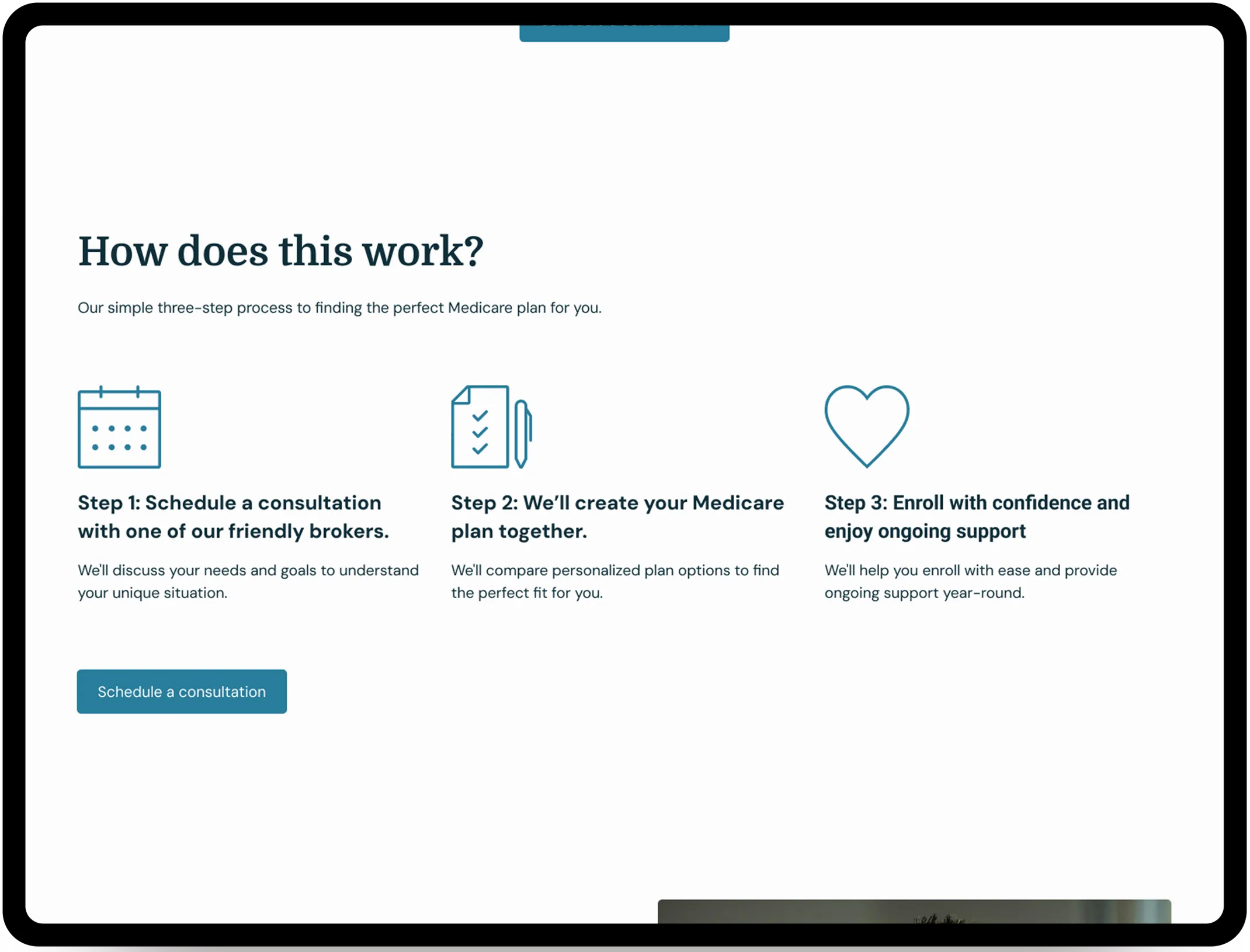Cascade Medicare Solutions Home Page - The section describes the three steps it takes to work with the company.