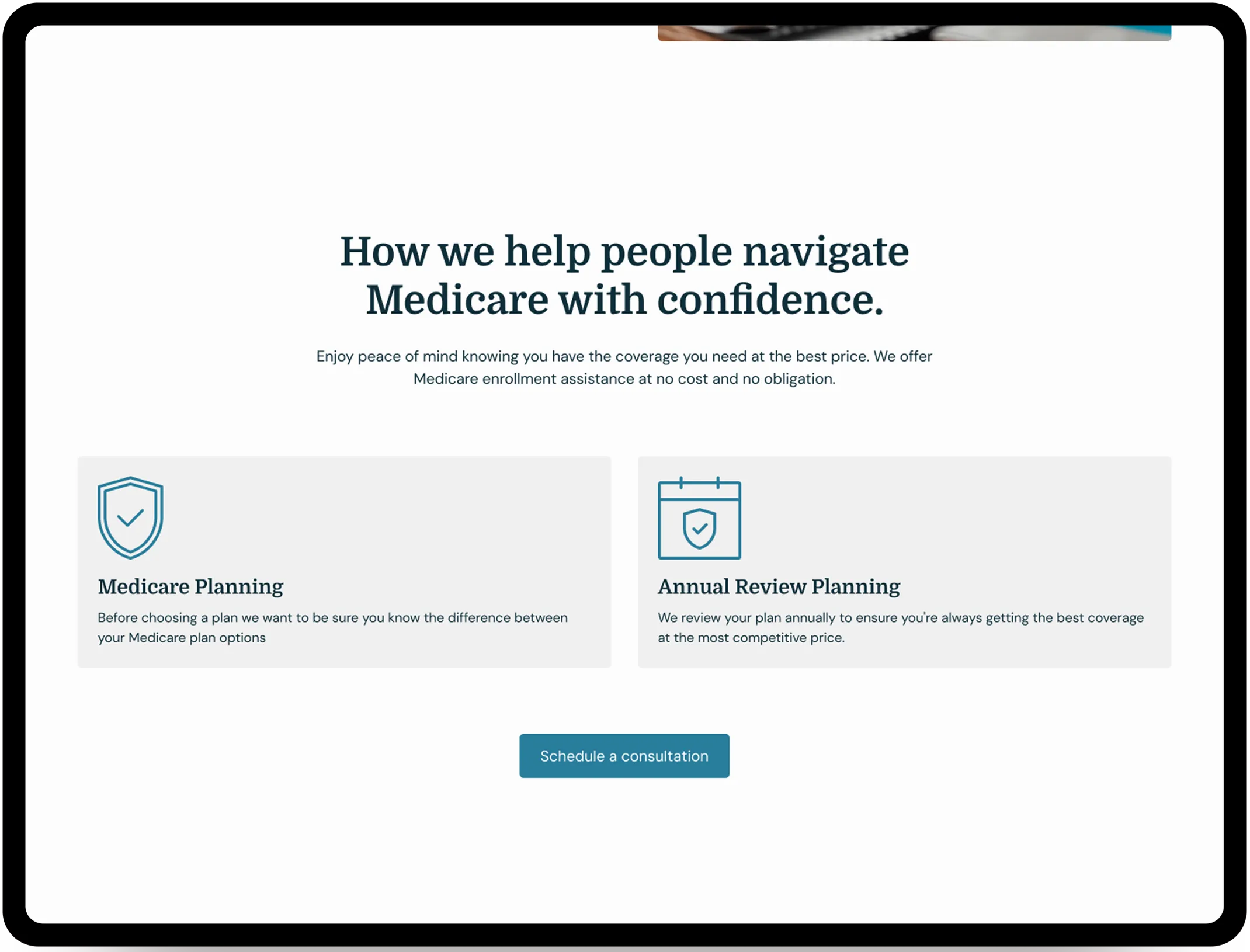 Cascade Medicare Solutions Home Page - The section provides the solutions to the visitor's problem.
