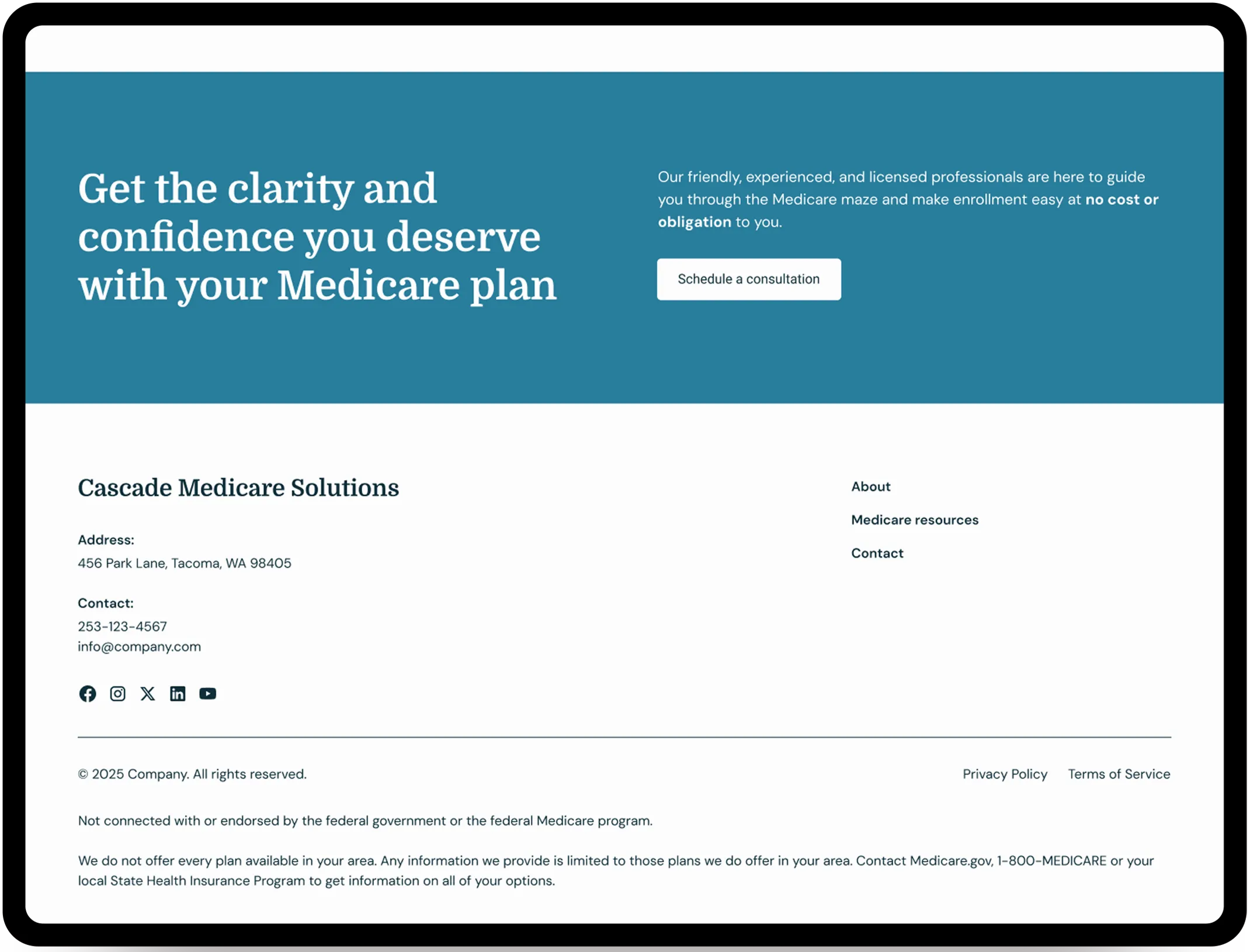 Cascade Medicare Solutions Home Page - The section provides a call to action to schedule a consultation and it also provides the footer.