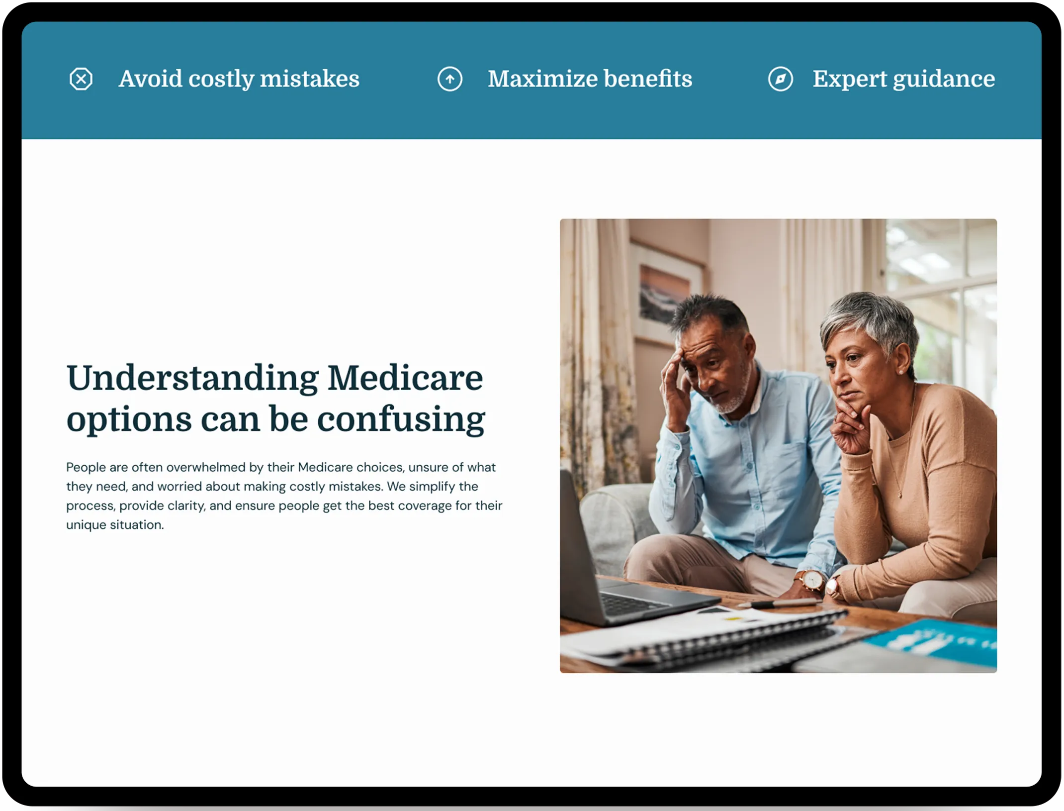 Cascade Medicare Solutions Home Page - The section provides the benefits of choosing the company and describes the problem the visitor might be going through and emphasizes with them.