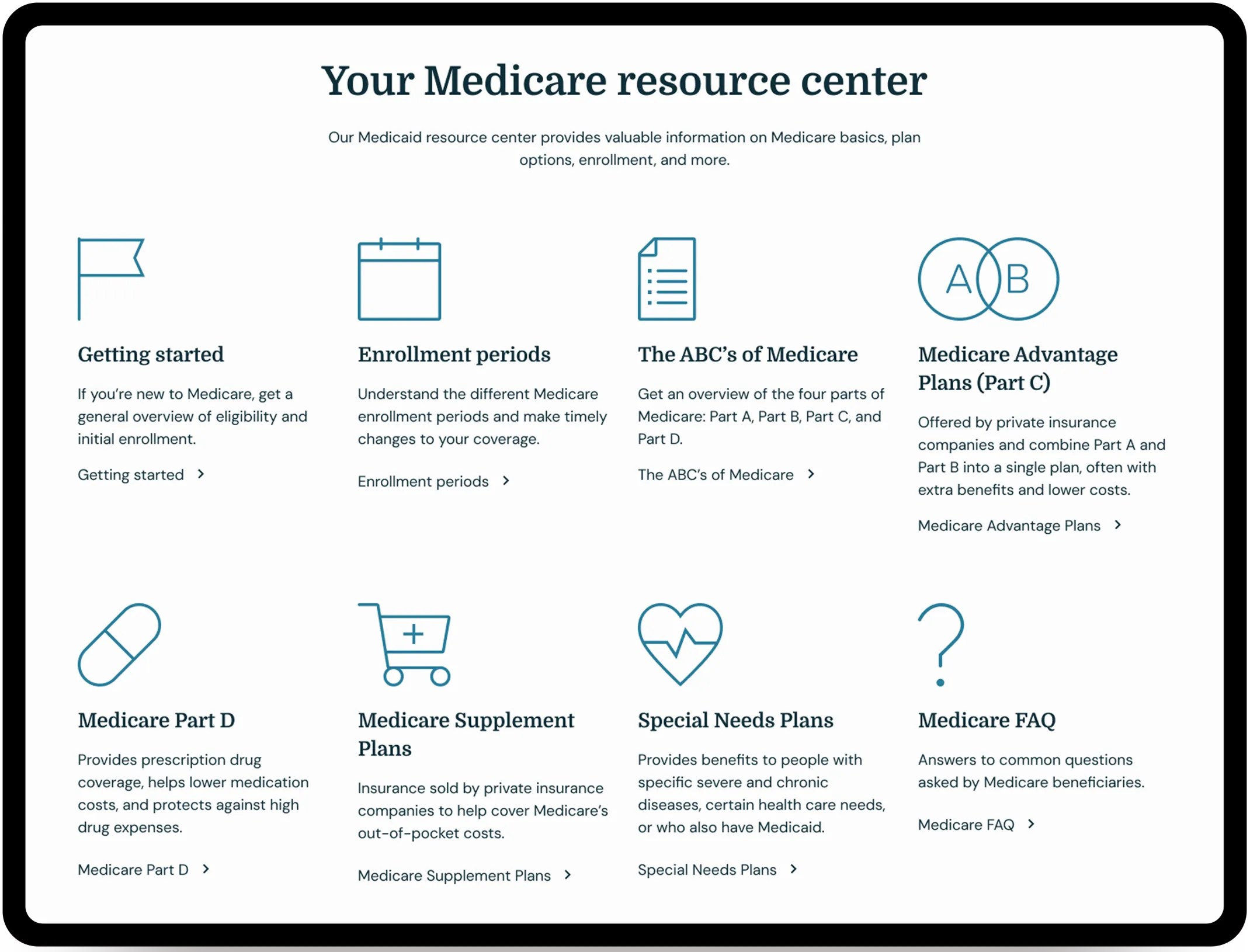 Cascade Medicare Solutions Home Page - The section describes the resources the company put together for the visitor to learn about Medicare.
