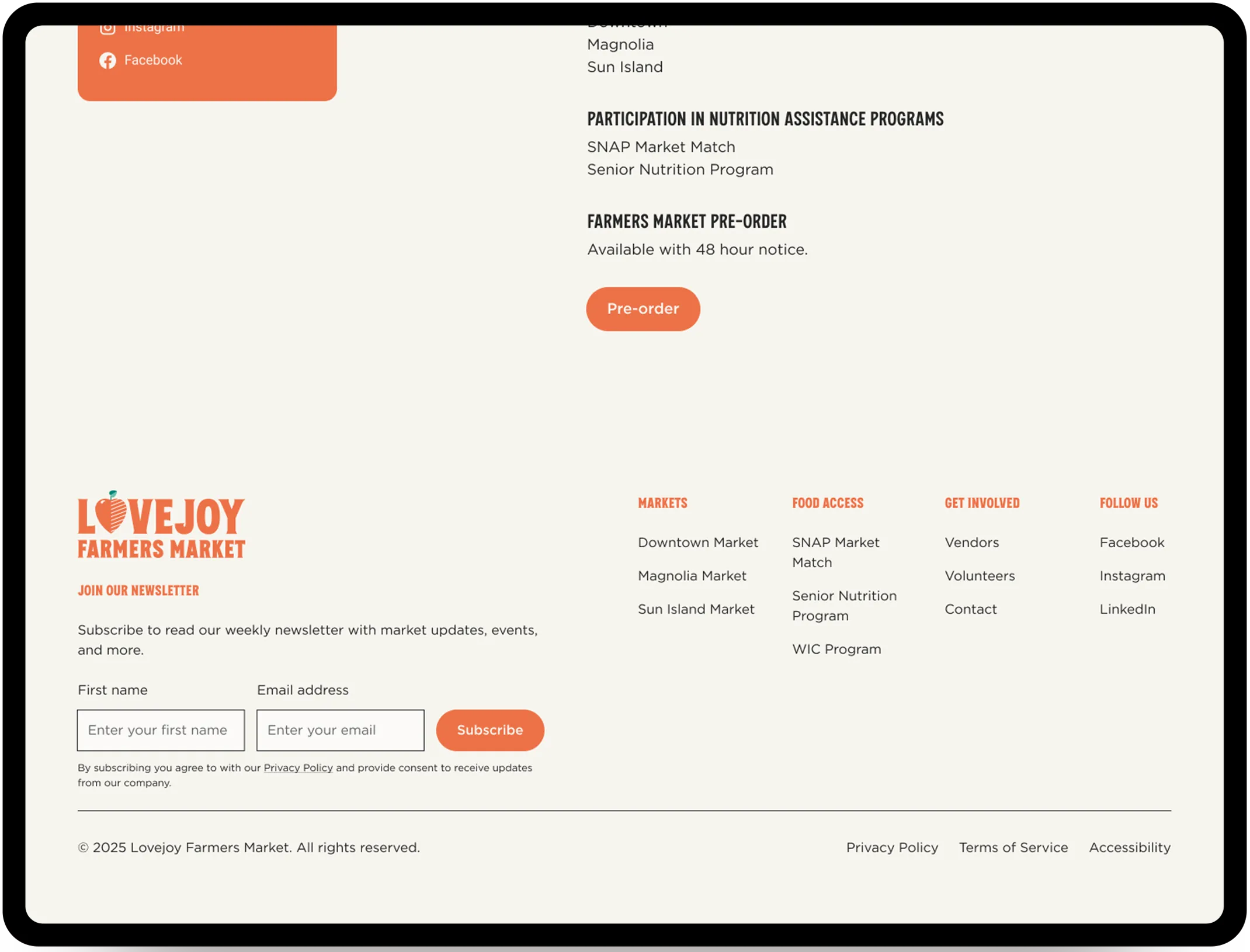 The Lovejoy Farmers Market vendor page footer.