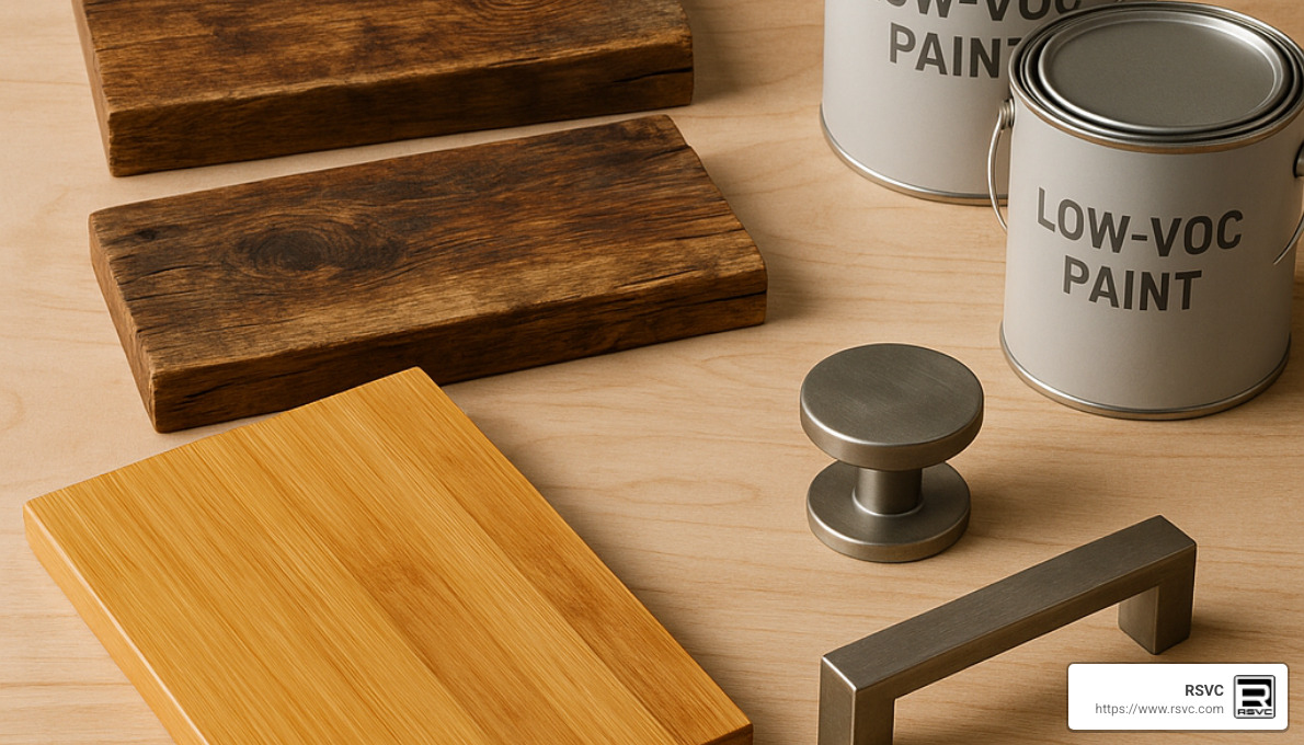 sustainable building materials including bamboo flooring, reclaimed wood panels, recycled metal fixtures, and low-VOC paint cans - Incorporating Sustainable Practices in Your Commercial Renovation