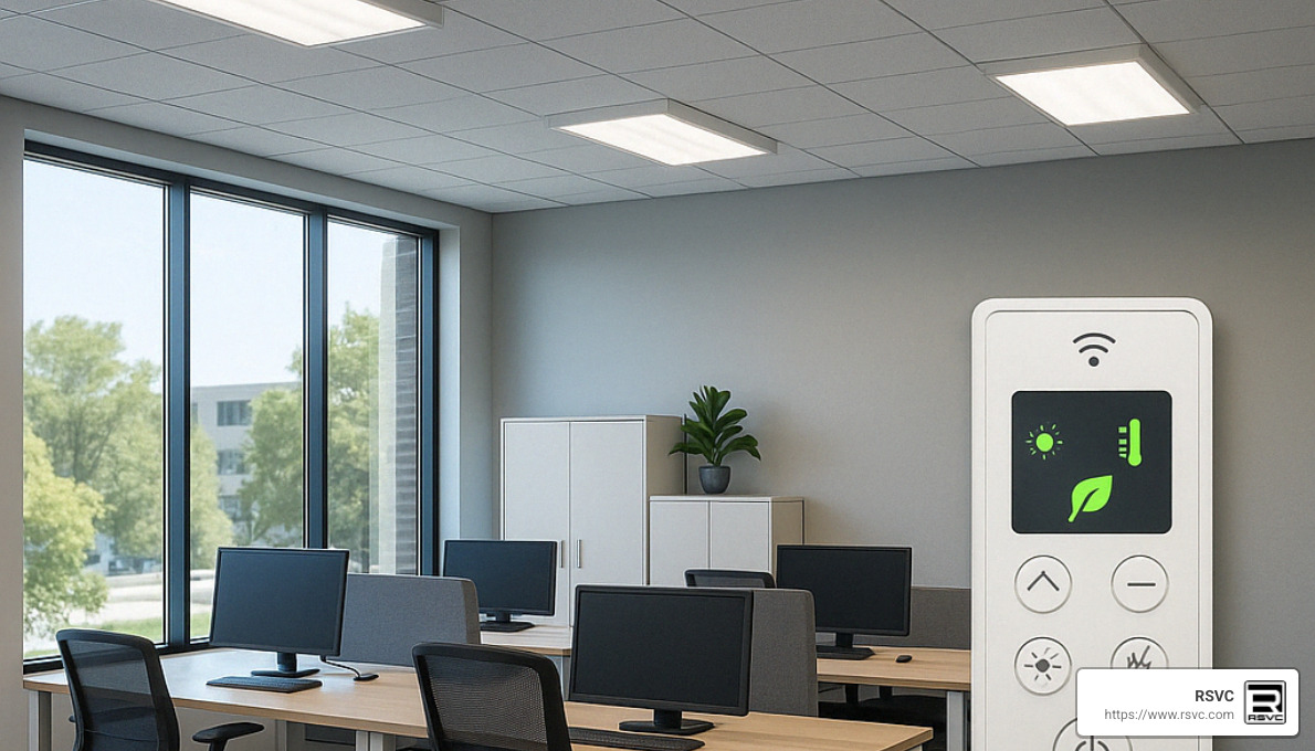 energy-efficient lighting systems showing LED fixtures, natural daylighting, and smart controls - Incorporating Sustainable Practices in Your Commercial Renovation