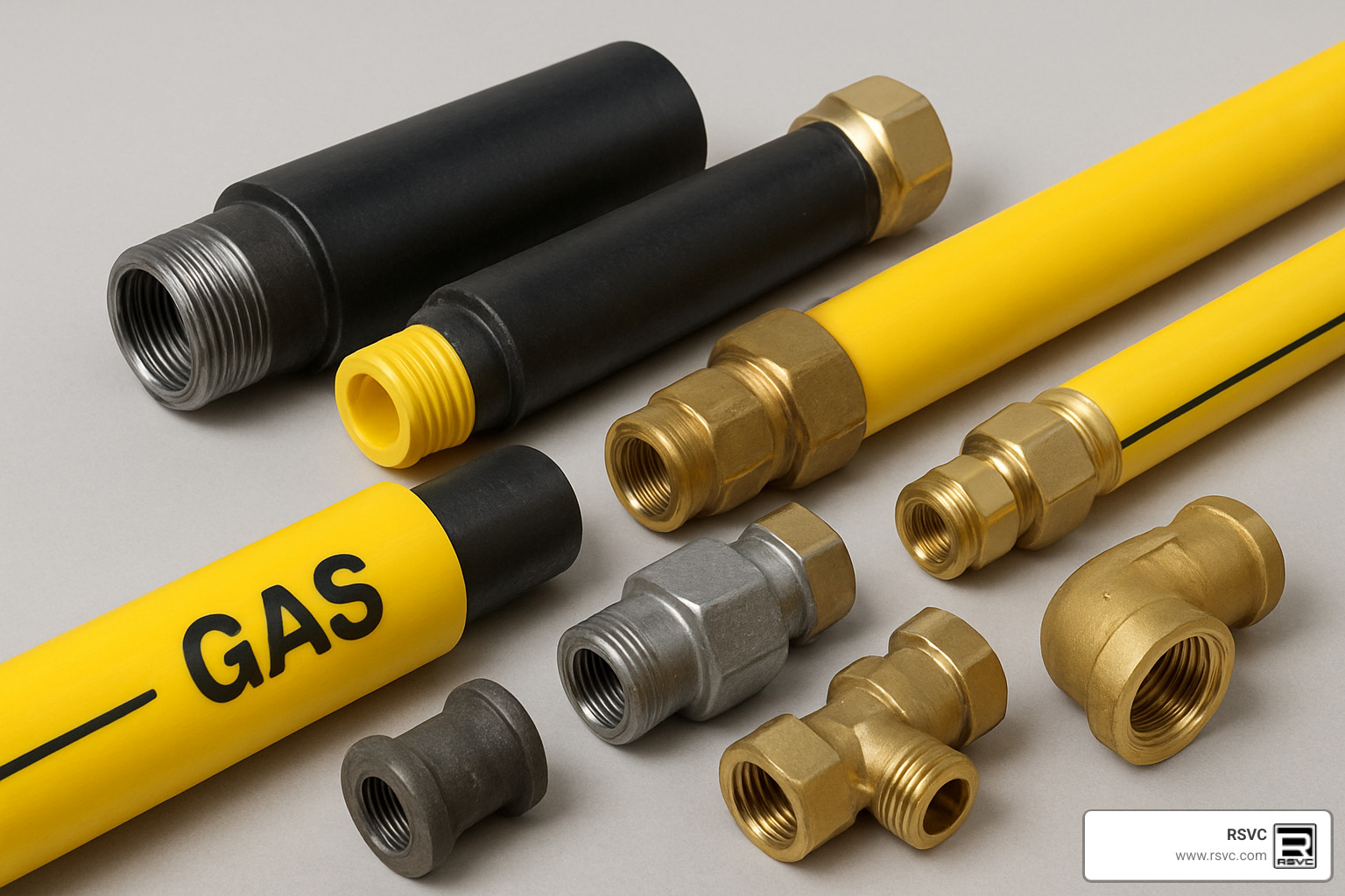 different approved gas pipes including yellow PE pipe and coated steel alongside fittings - Running Natural Gas Lines Underground for Your New Building