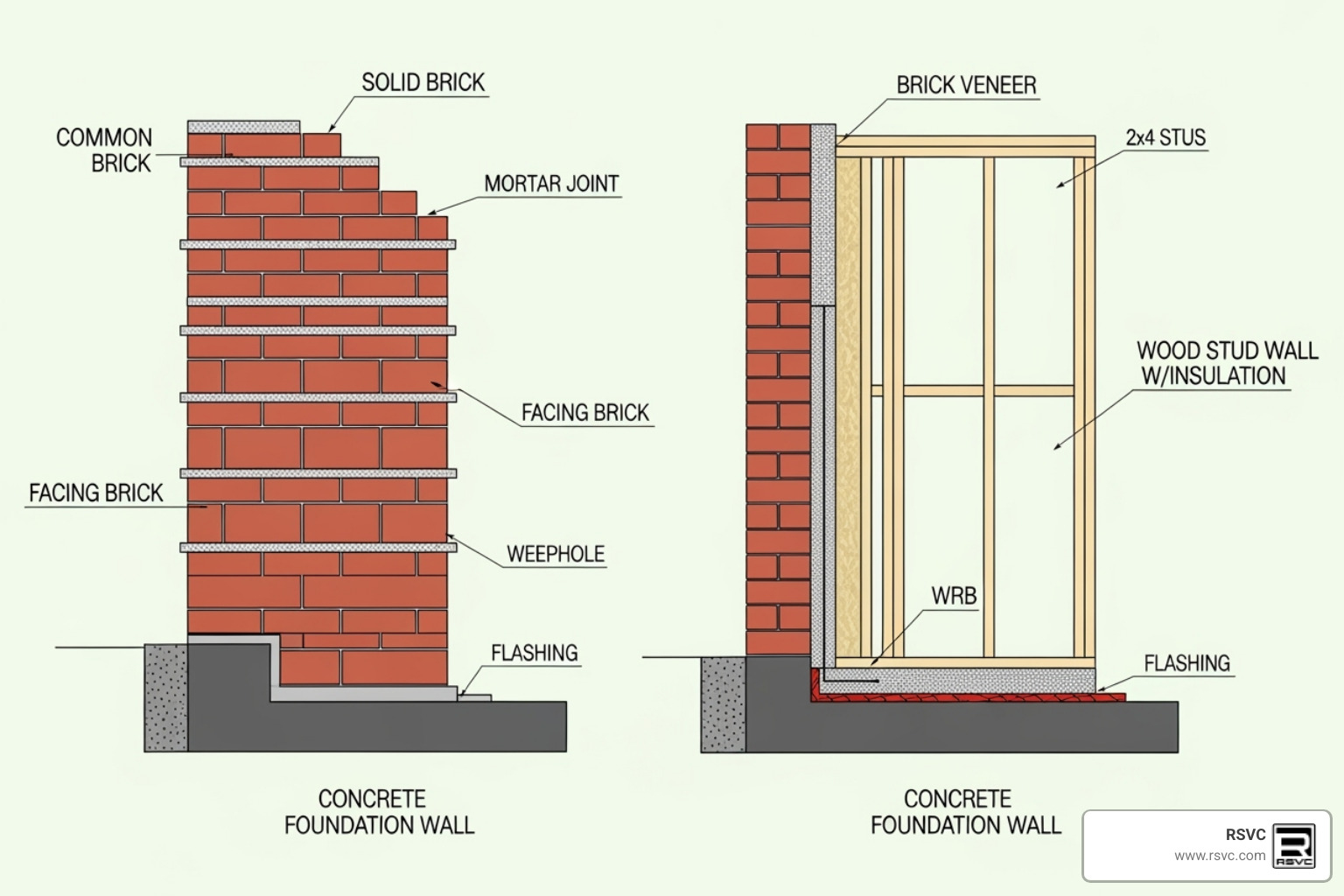 diagram showing the difference between solid brick and brick veneer - Using Brick on Your New Construction Build