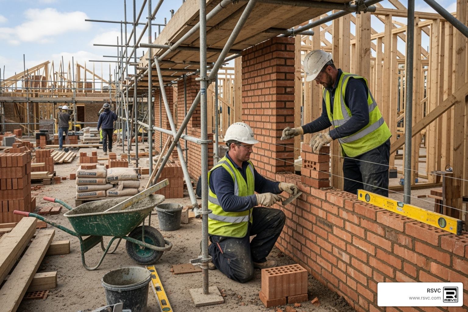 masons skillfully laying brick on a new home site - Using Brick on Your New Construction Build