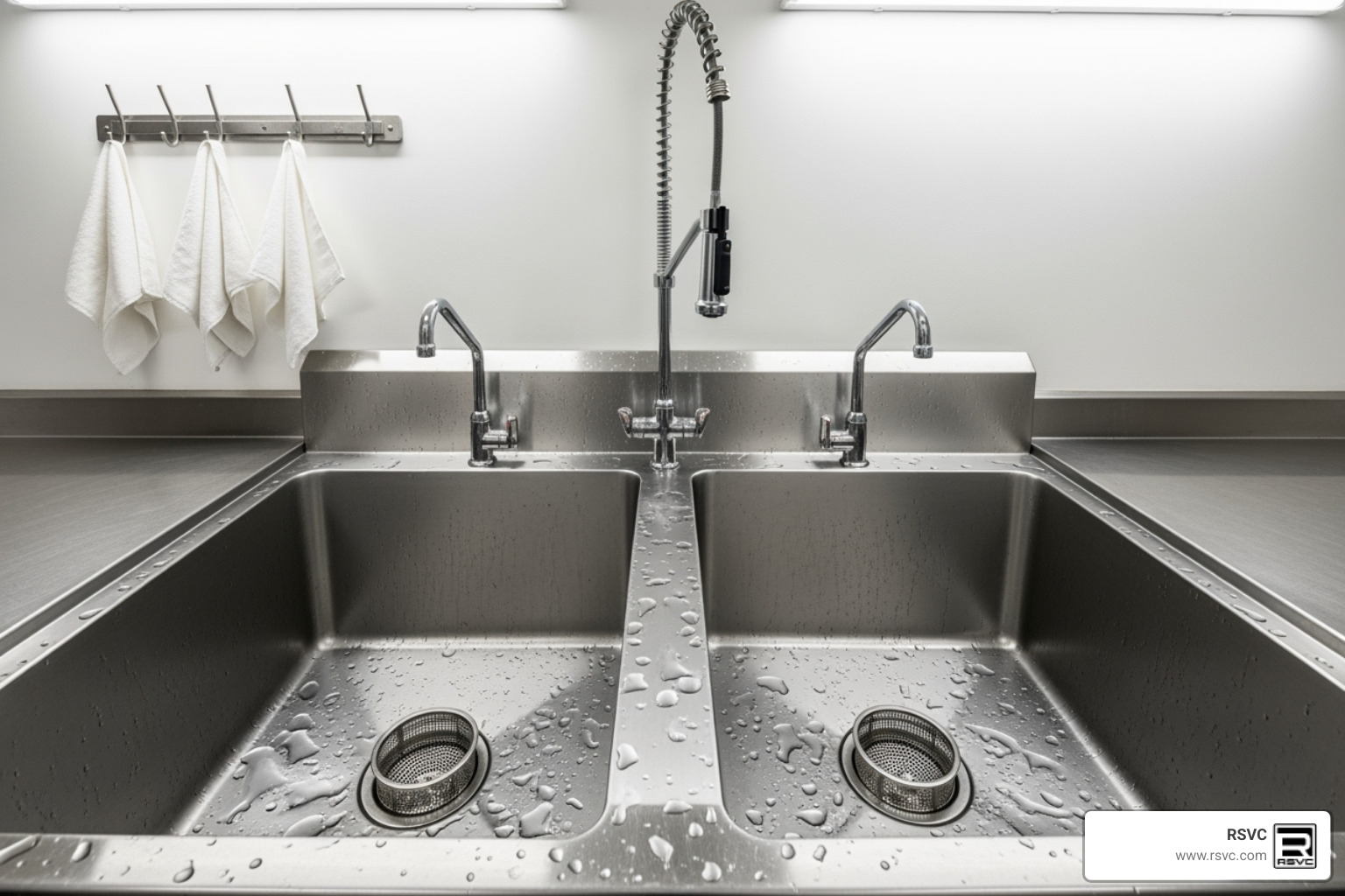 Commercial kitchen sink area with proper drain screens - Plumbing Challenges Unique to Restaurants and How to Solve Them