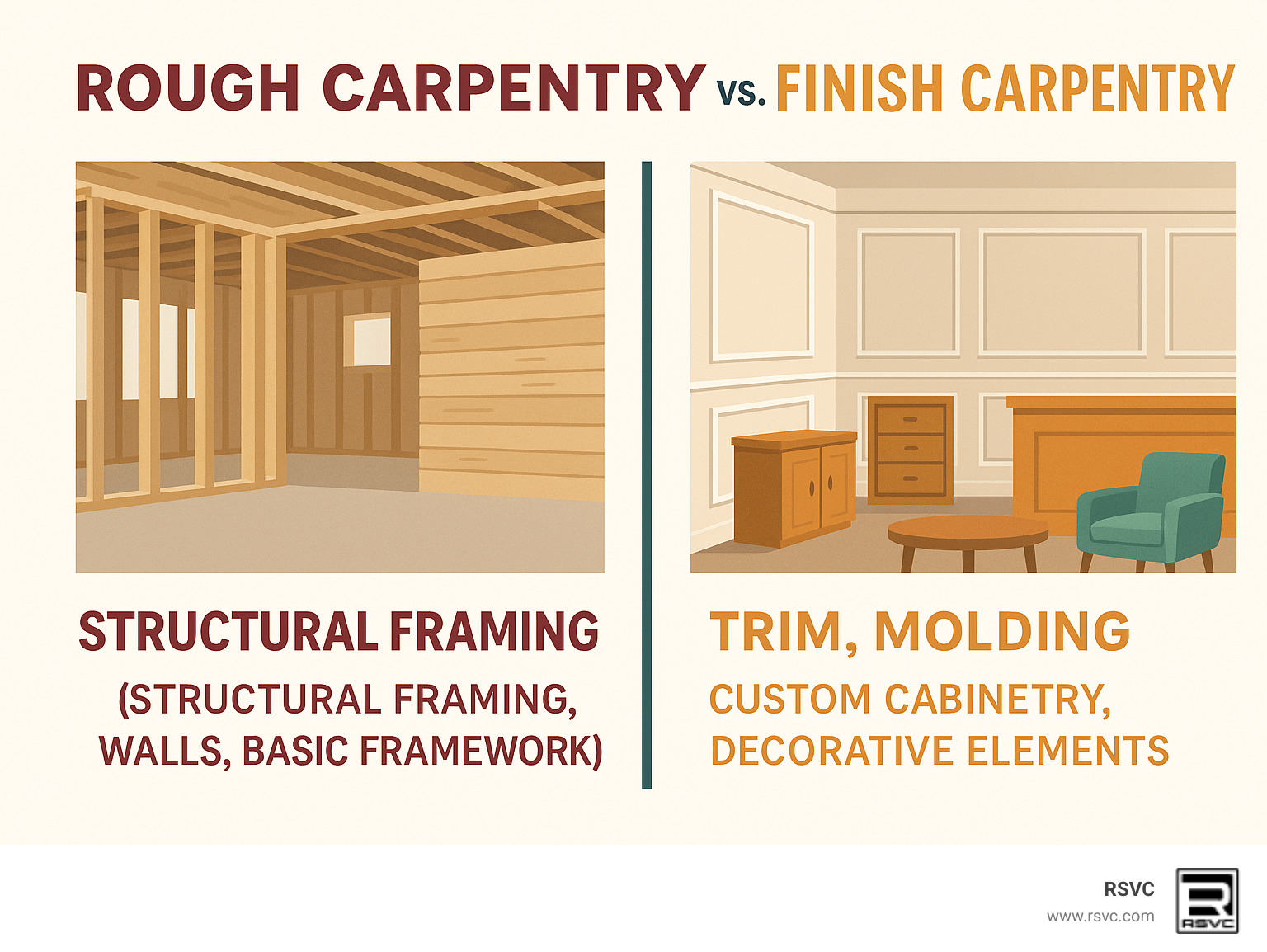 Infographic showing the key differences between rough carpentry (structural framing, walls, basic framework) and finish carpentry (trim, molding, custom cabinetry, decorative elements) with visual examples of each type in commercial settings - Why Finish Carpentry Matters in Customer-Facing Businesses infographic 