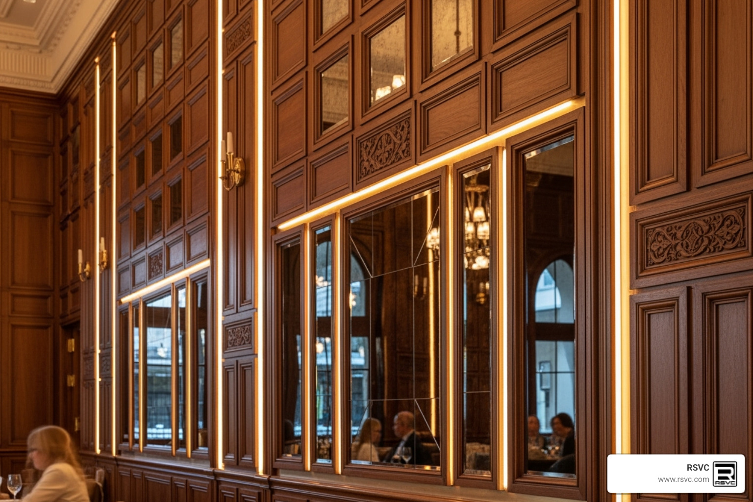 Image of intricate wall paneling in a high-end restaurant in Beverly Hills - Why Finish Carpentry Matters in Customer-Facing Businesses