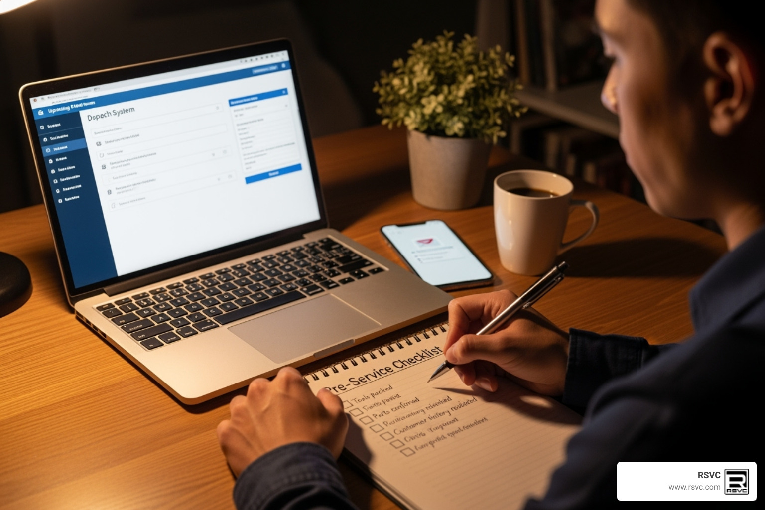 A person at a desk with a laptop and phone, making notes on a checklist for an upcoming service call. - What to Expect During a Break and Fix Call A person at a desk with a laptop and phone, making notes on a checklist for an upcoming service call. - What to Expect During a Break and Fix Call