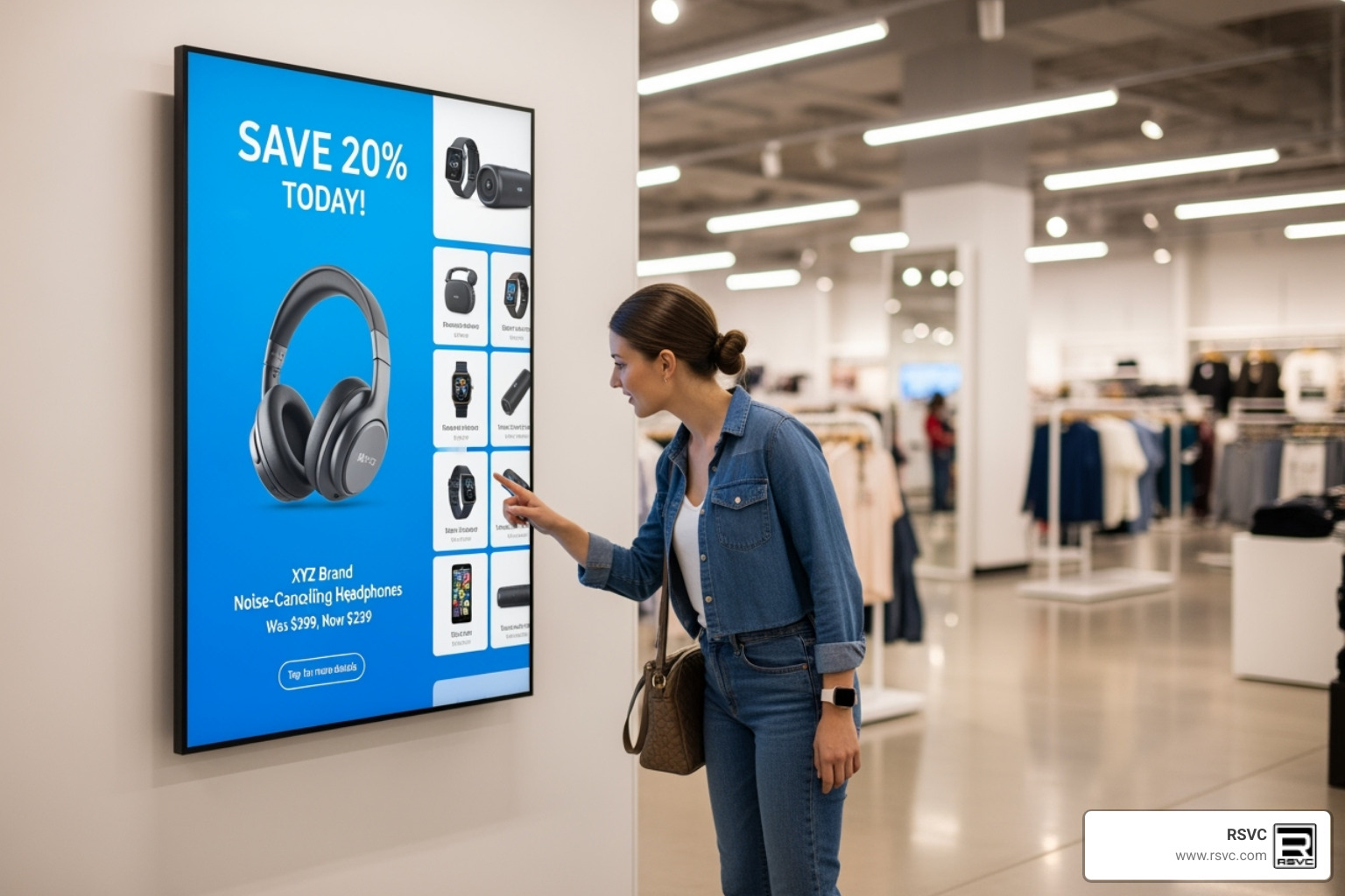 A customer interacting with a digital signage display in a modern retail store, showing product information and promotions - How Store Layout and Construction Impact Customer Flow and Sales A customer interacting with a digital signage display in a modern retail store, showing product information and promotions - How Store Layout and Construction Impact Customer Flow and Sales