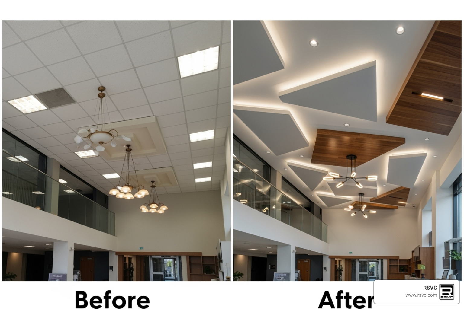 before and after of a commercial lobby ceiling upgrade - Ceiling Repairs and Upgrades That Improve Appearance and Functionality before and after of a commercial lobby ceiling upgrade - Ceiling Repairs and Upgrades That Improve Appearance and Functionality
