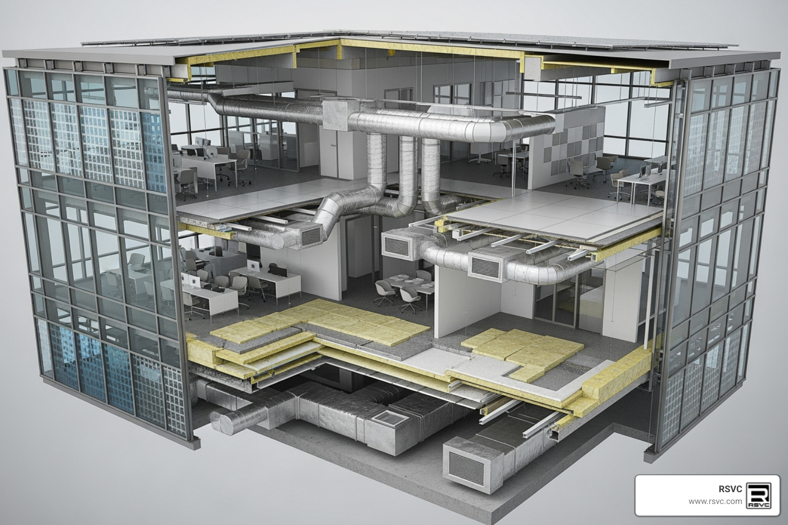 cutaway view of a building showing insulation, smart windows, and HVAC ducts - How Integrating Energy-Efficient Systems Can Lower Long-Term Operating Costs