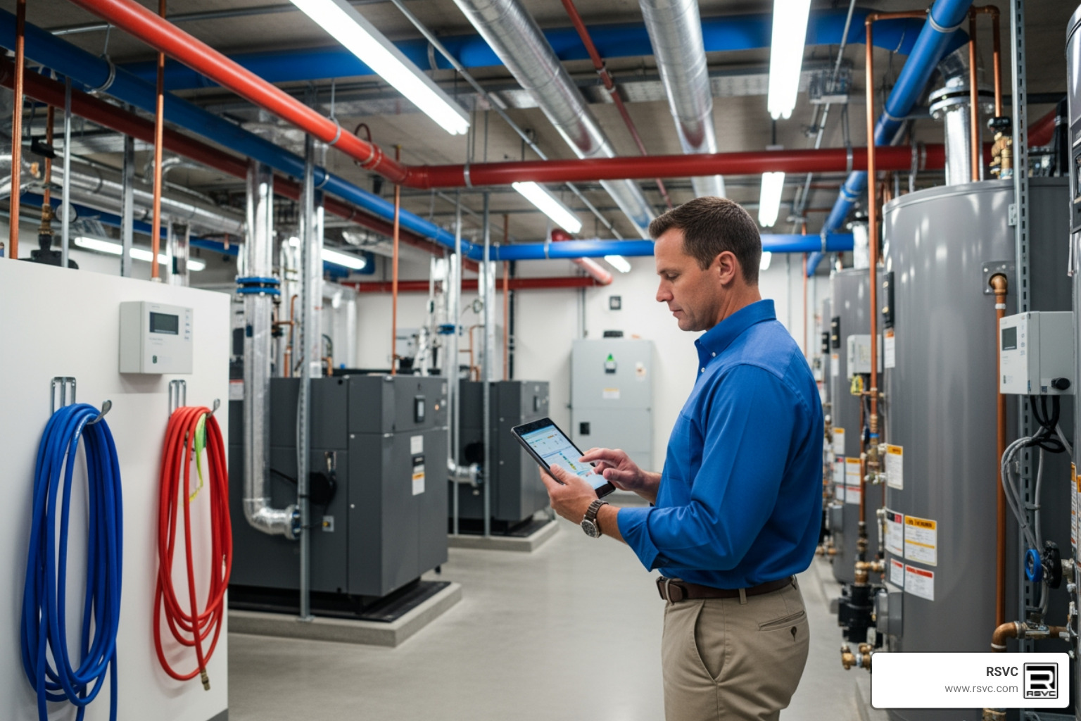 Facility manager reviewing data on a tablet in a modern mechanical room - Key Infrastructure Decisions That Affect Your Facility's Longevity