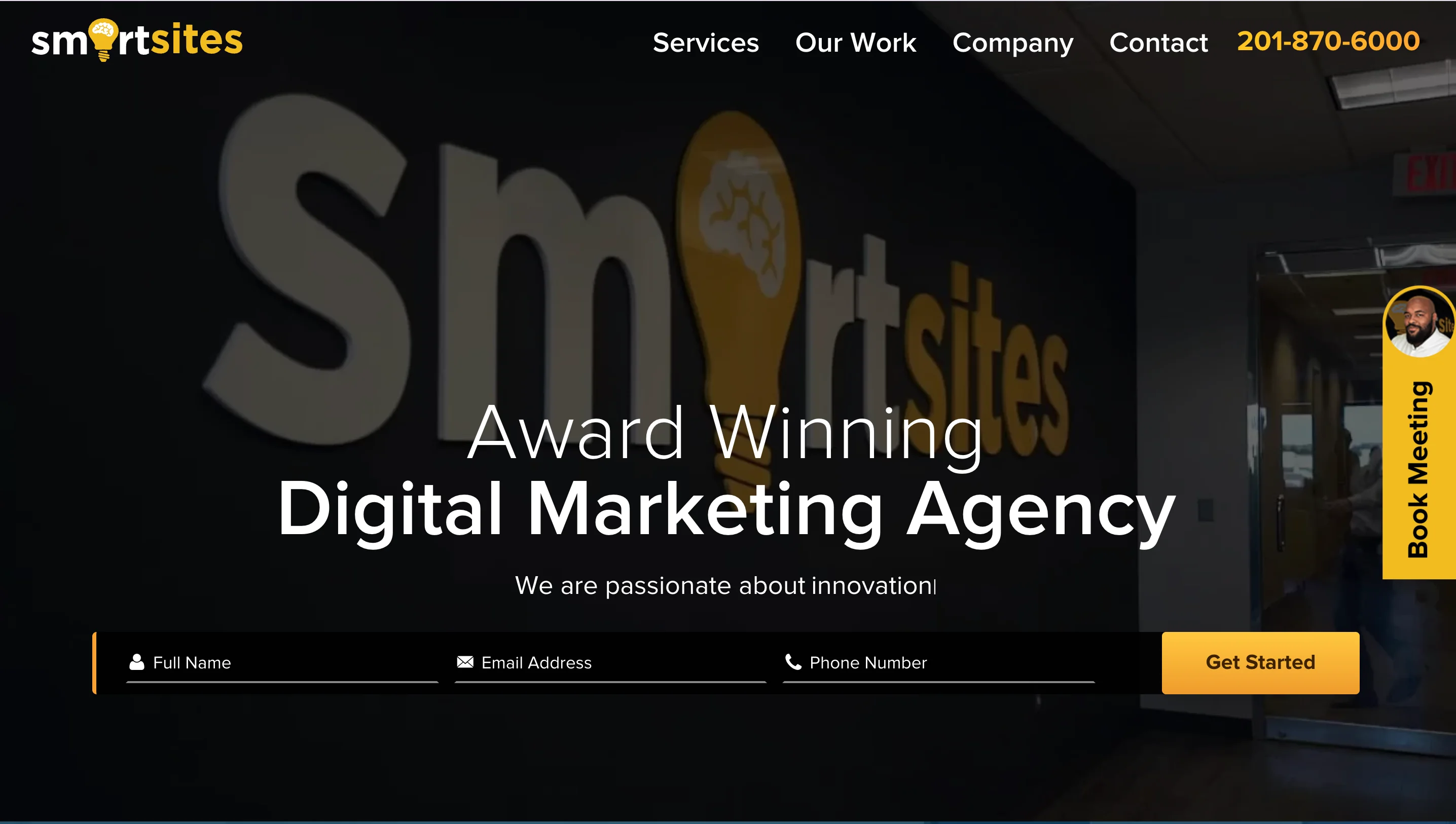 SmartSites homepage with a dark office background featuring their logo on the wall and the headline "Award Winning Digital Marketing Agency." Includes a lead capture form with fields for name, email, and phone number.