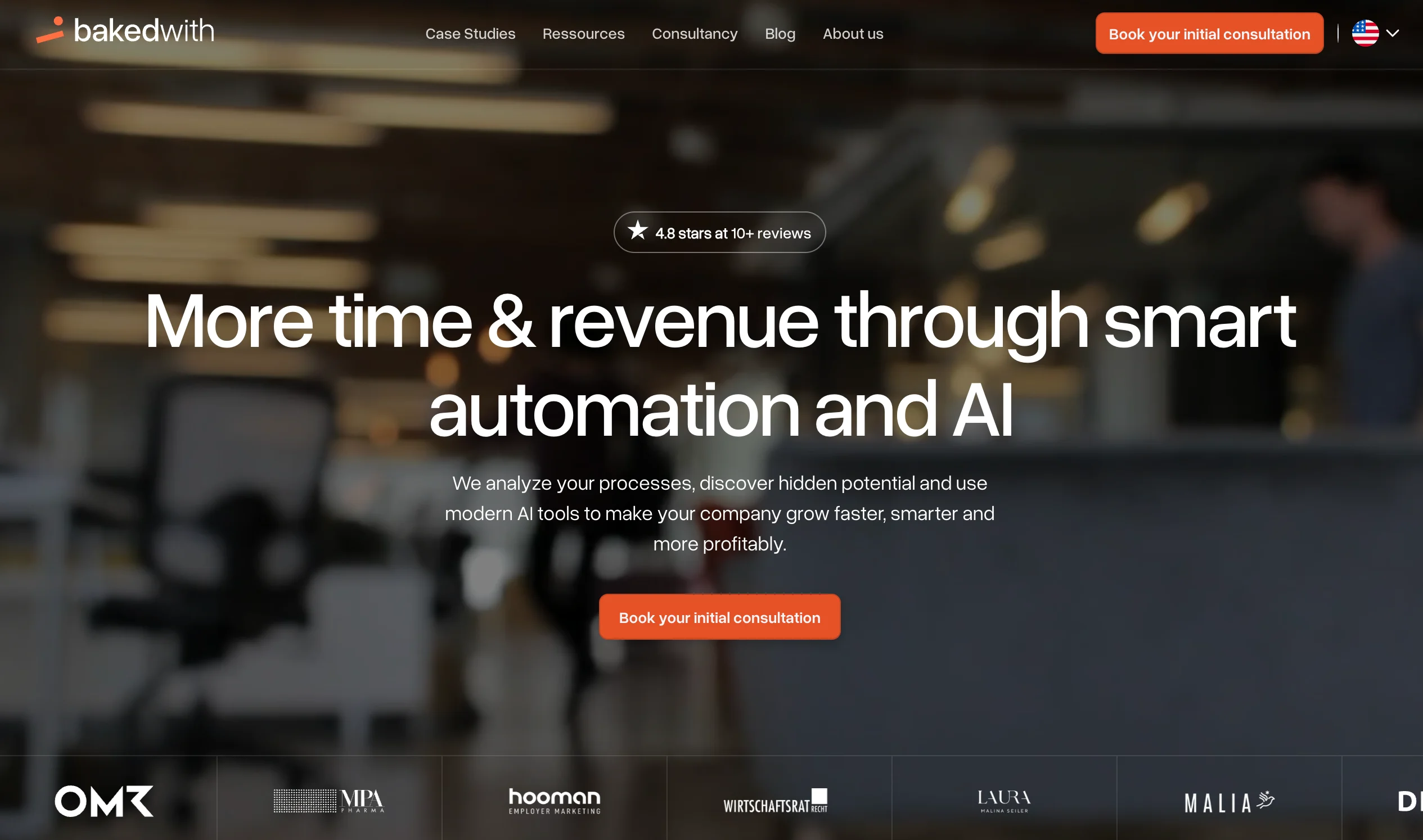 BakedWith homepage with a dark blurred office background featuring the headline "More time & revenue through smart automation and AI" and a 4.8 star rating badge. Client logos include OMR, MPA, Hooman, Wirtschaftsrat, Laura, and Malia.