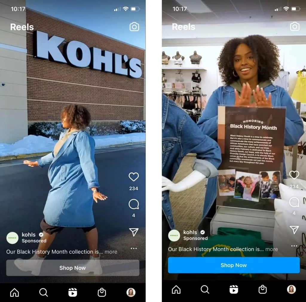 Side-by-side screenshots of Kohl's Instagram Reels ads featuring a Black woman in a denim dress. Left panel shows her posing outside a Kohl's store in winter. Right panel shows her indoors holding a Black History Month promotional card with photos. Both ads display 'Shop Now' buttons and show 234 likes.