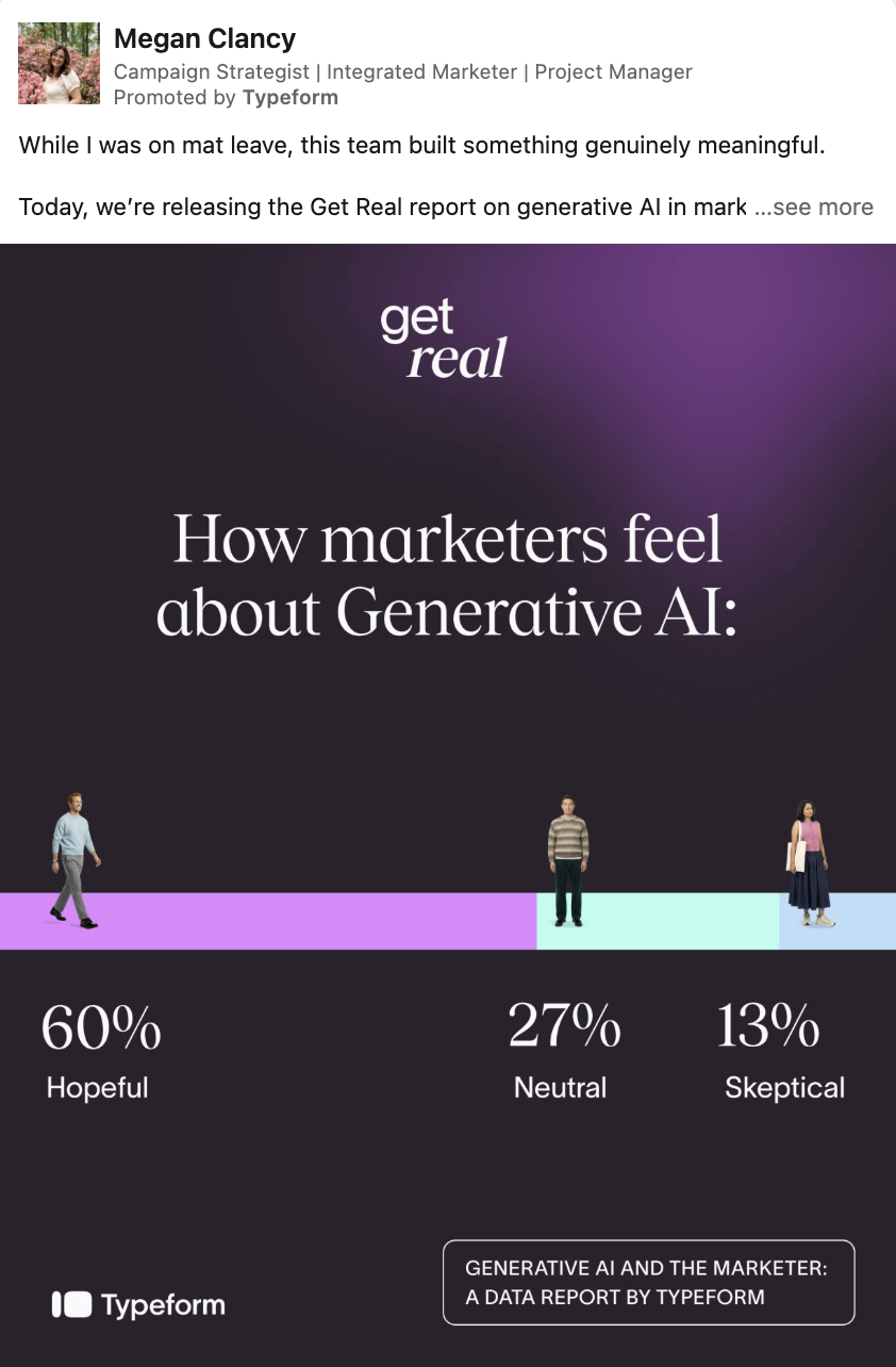 Typeform sponsored LinkedIn post from Megan Clancy promoting 'Get Real' report on generative AI in marketing. Dark purple infographic shows 'How marketers feel about Generative AI' with horizontal bar chart: 60% Hopeful (pink bar with illustrated man), 27% Neutral (teal bar with illustrated man), 13% Skeptical (small segment with illustrated woman). Typeform logo and report title badge at bottom.