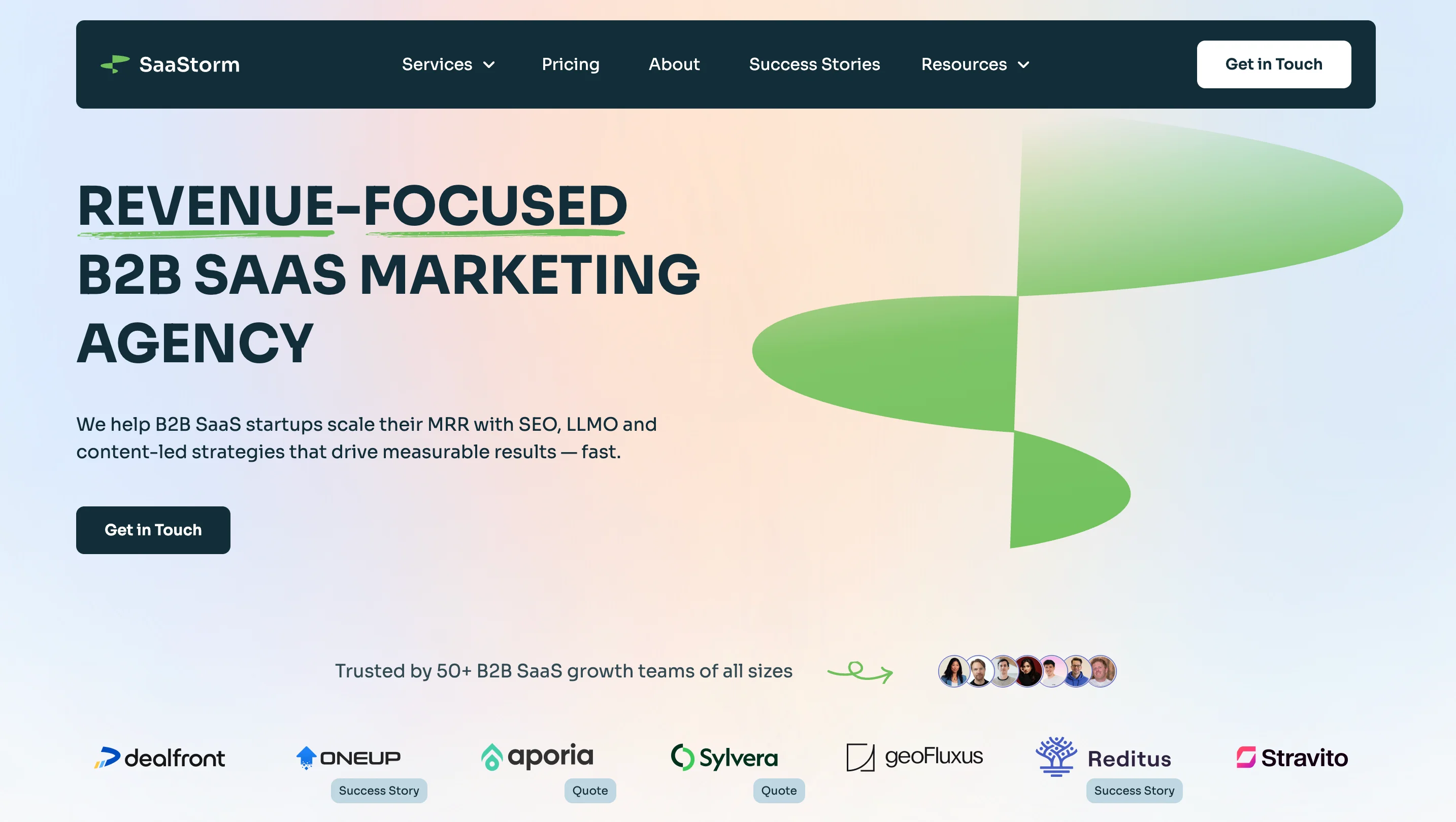SaaStorm SaaS marketing agency hero section reading "Revenue-Focused B2B SaaS Marketing Agency" with a green spiral graphic, a Get in Touch button, and a trust bar of client logos including dealfront, Aporia, and Sylvera