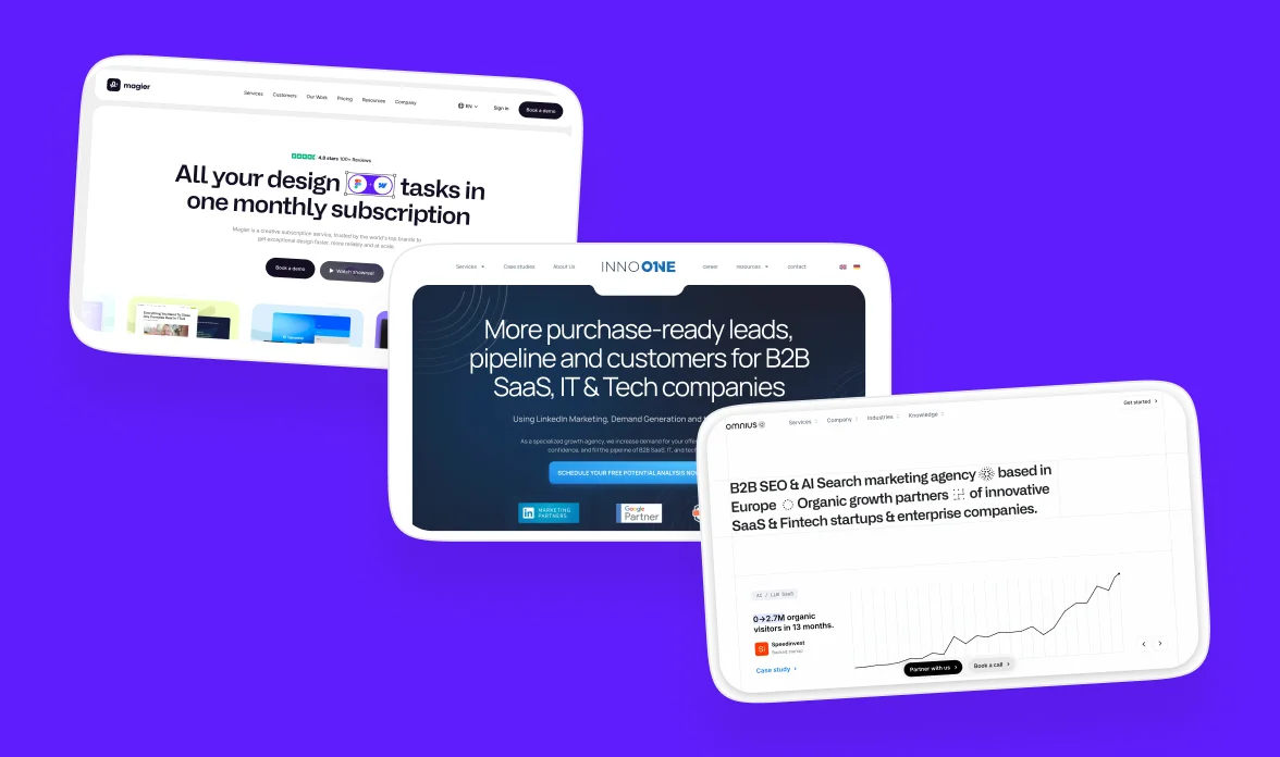 Homepage screenshots of magier, Inno One, and OMNIUS, three B2B SaaS marketing agencies based in Germany.