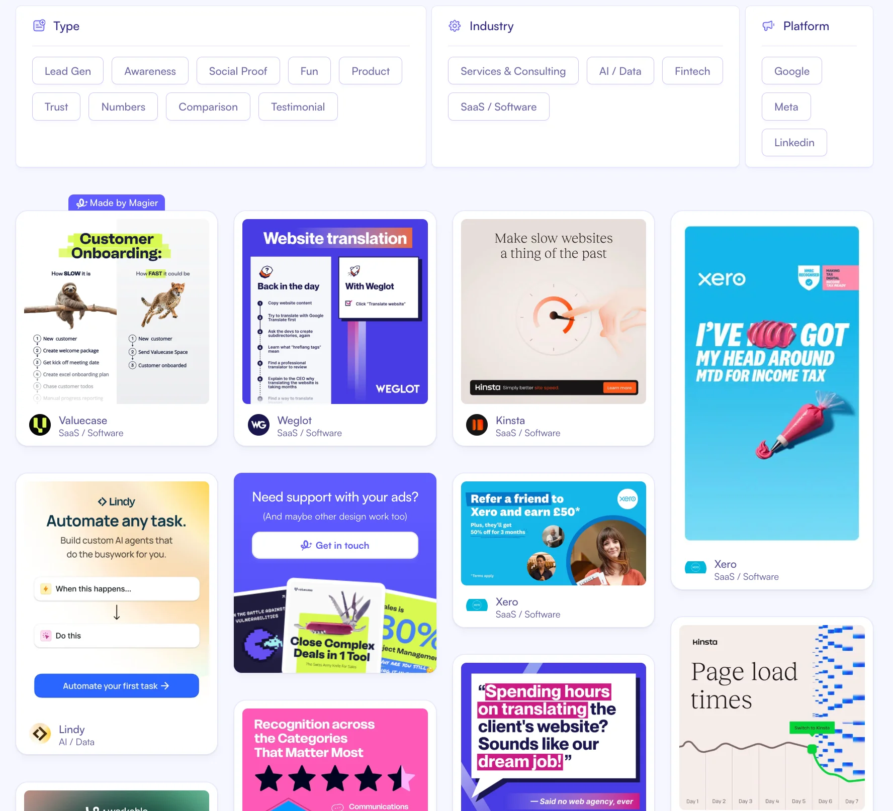 MagicLibrary's curated B2B ad examples with filters for ad type, industry, and platform, showing ads from companies like Valuecase, Weglot, Kinsta, and Xero.