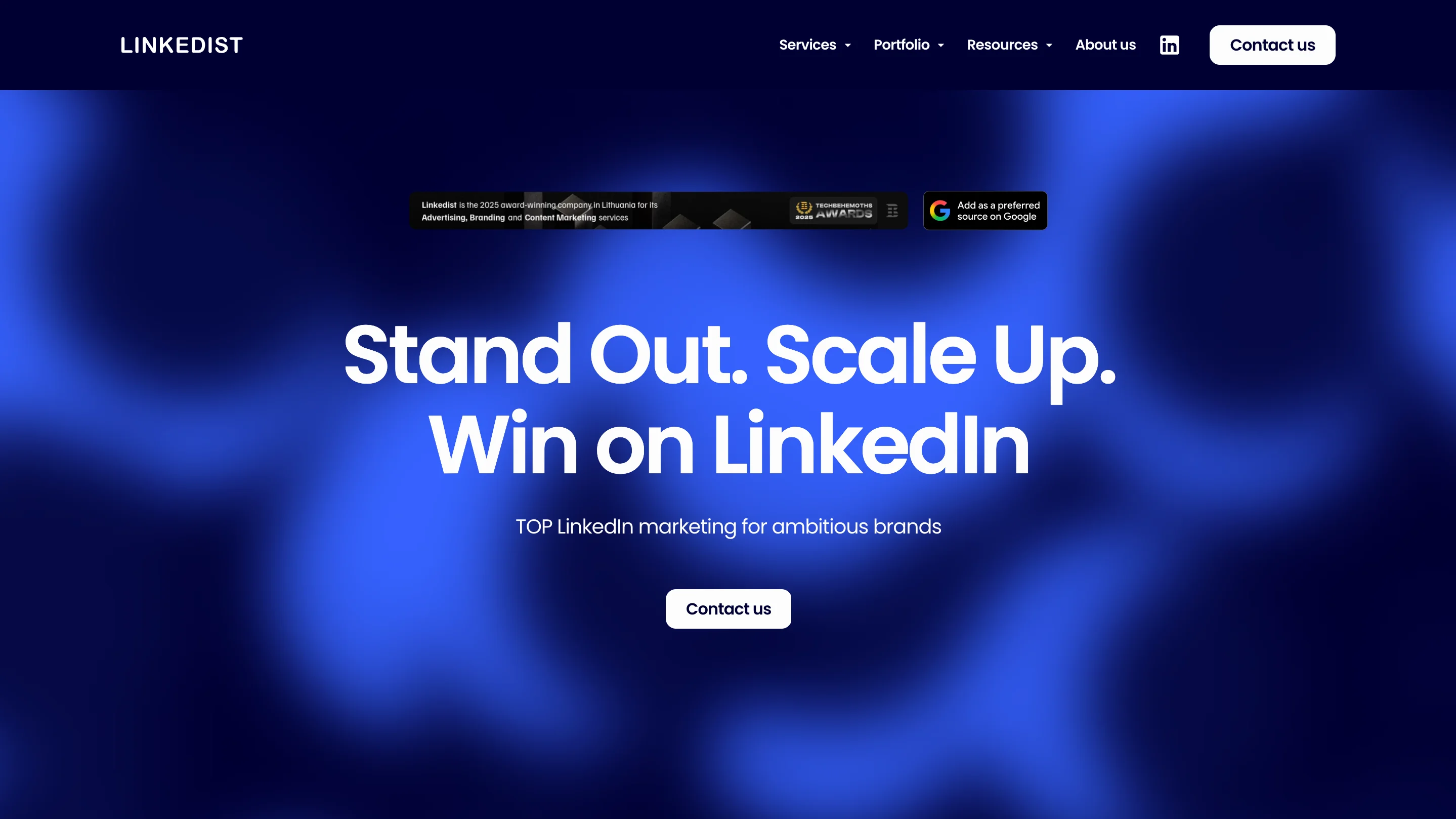 Linkedist LinkedIn ads agency homepage with the headline "Stand Out. Scale Up. Win on LinkedIn."