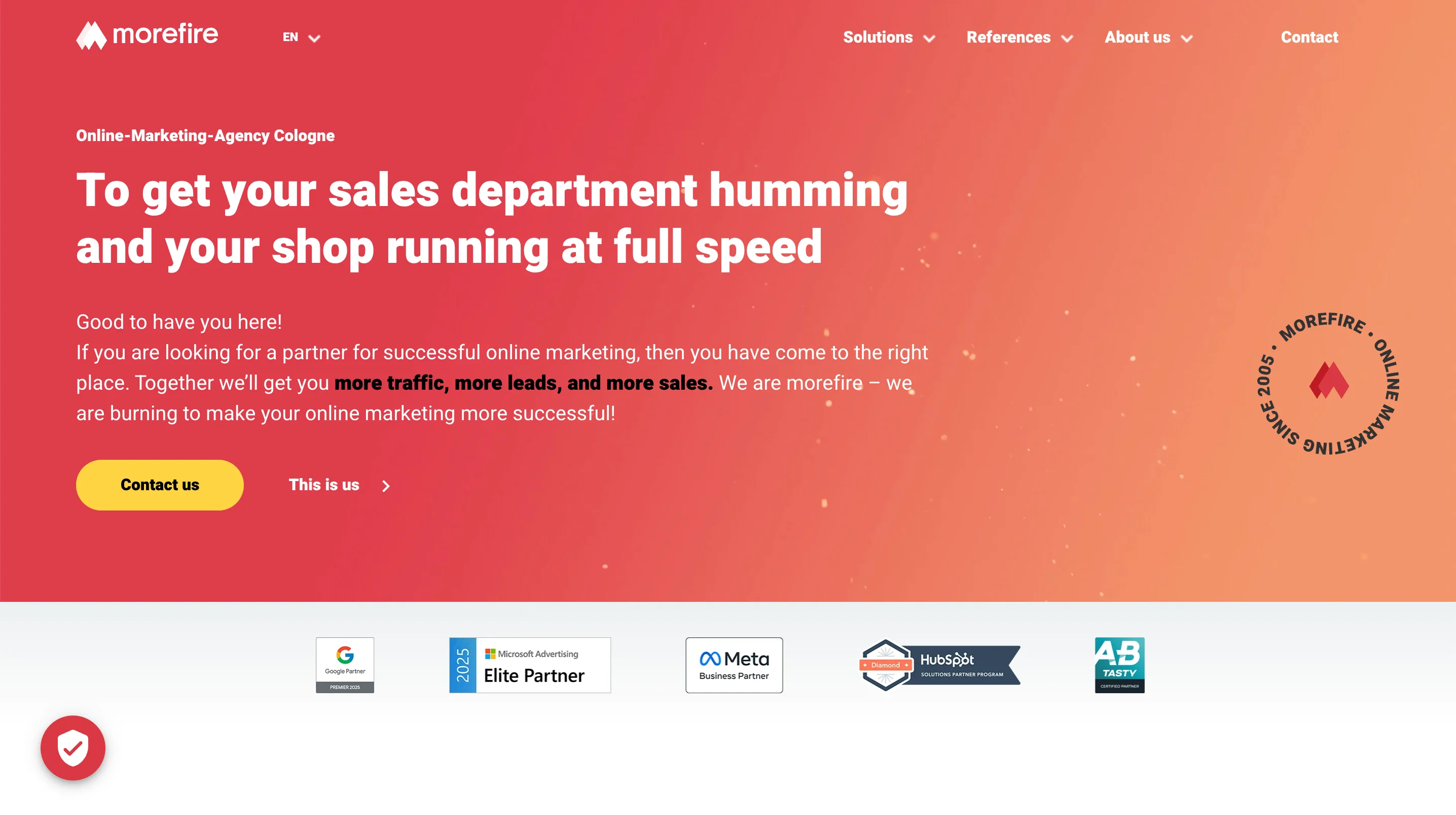 morefire LinkedIn ads agency homepage, a Cologne online marketing team showing Google, Meta, and HubSpot partner badges.