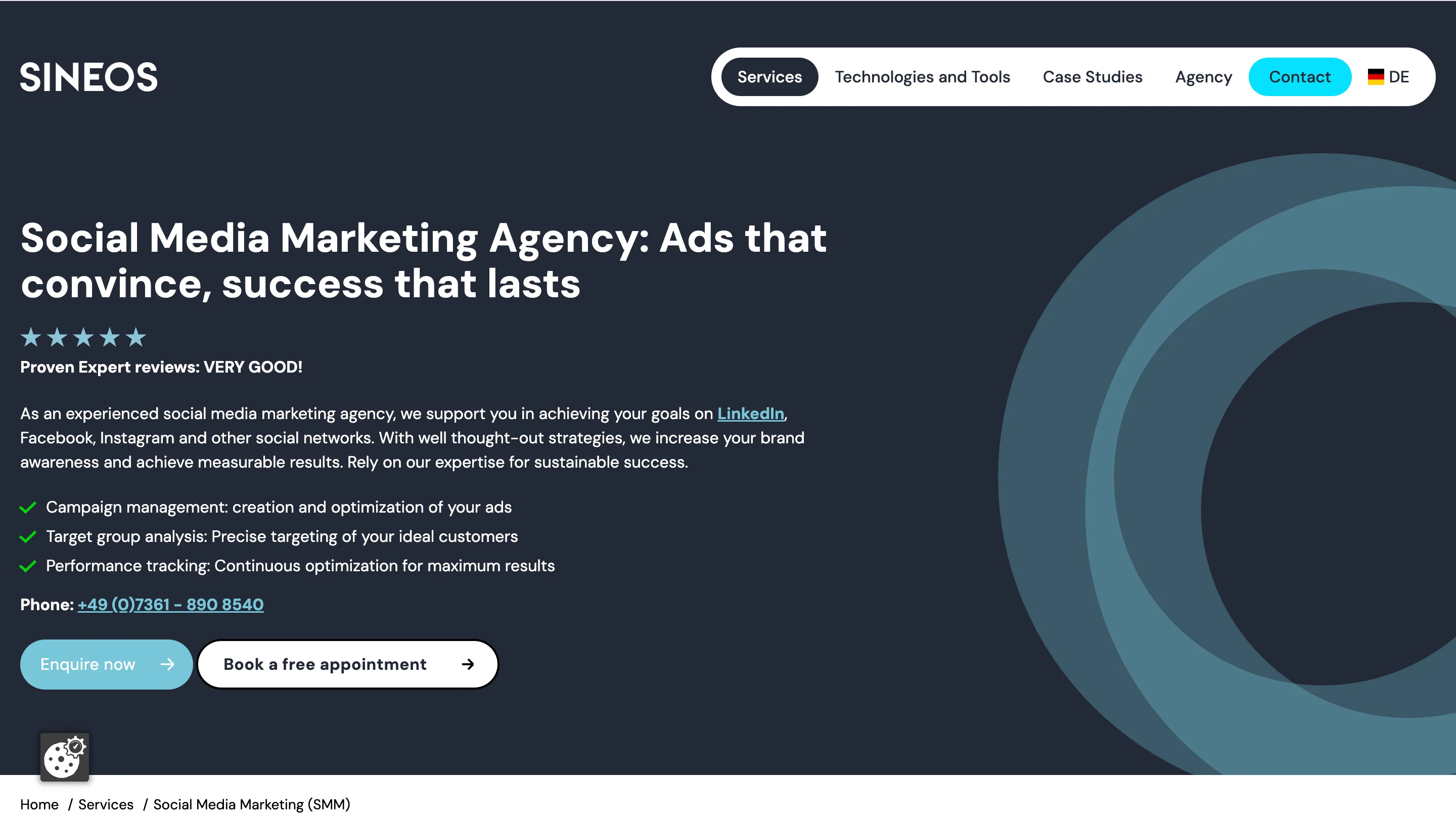 SINEOS LinkedIn ads agency homepage offering social media campaign management and audience targeting.