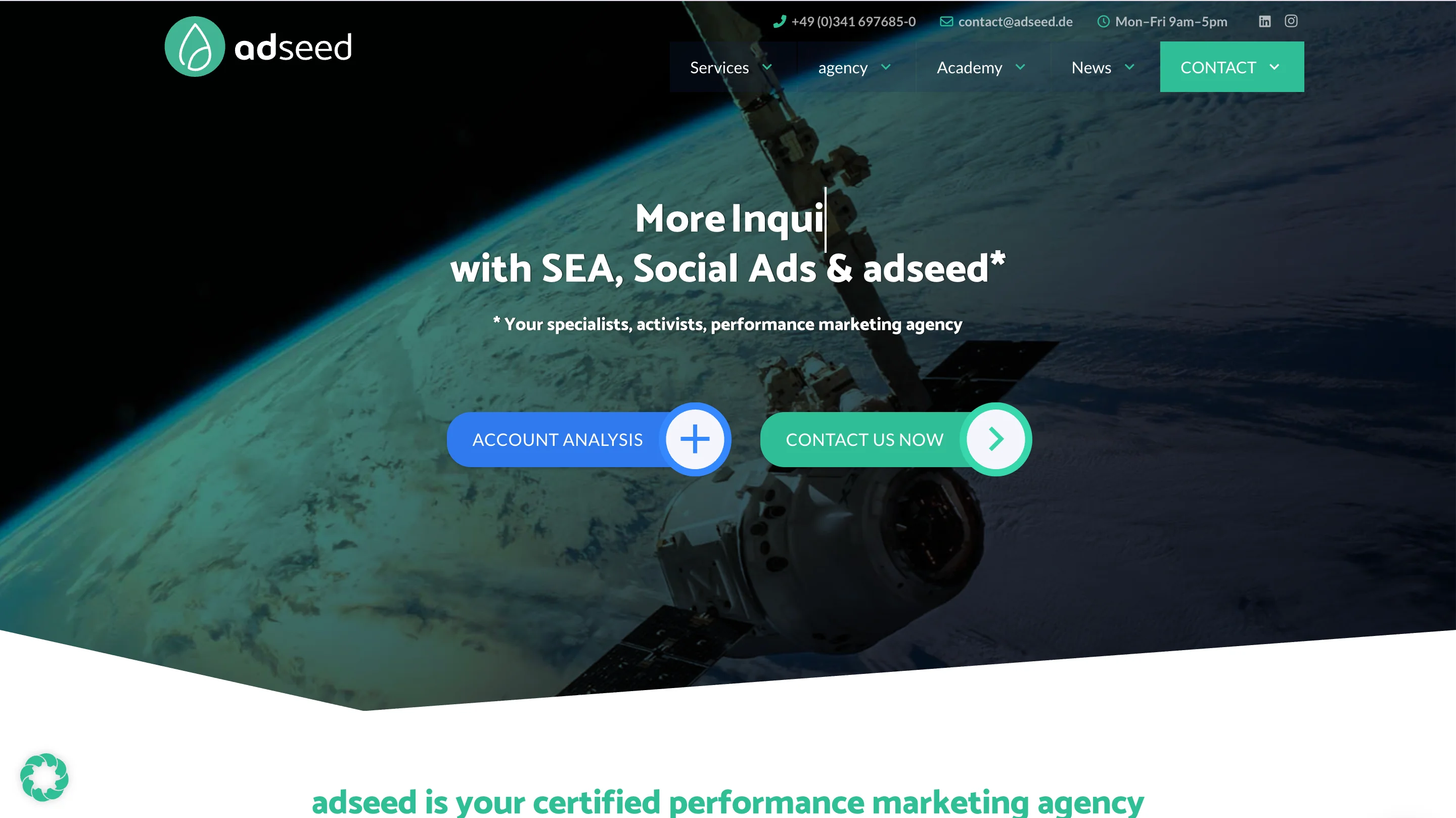 adseed LinkedIn ads agency homepage promoting SEA and social ads to drive more inquiries.