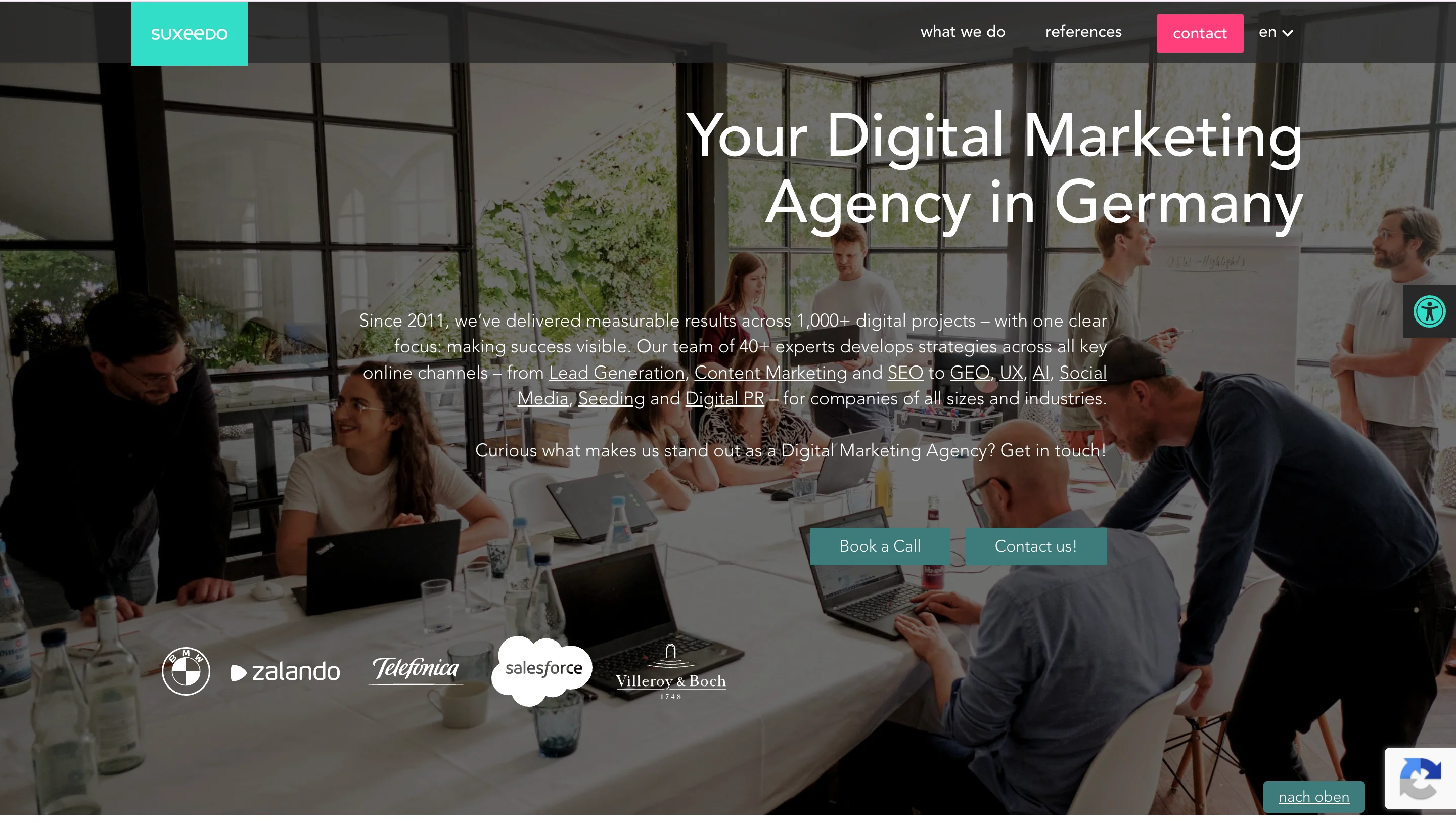 suxeedo LinkedIn ads agency homepage as a Germany digital marketing team, with BMW, Zalando, and Salesforce client logos.