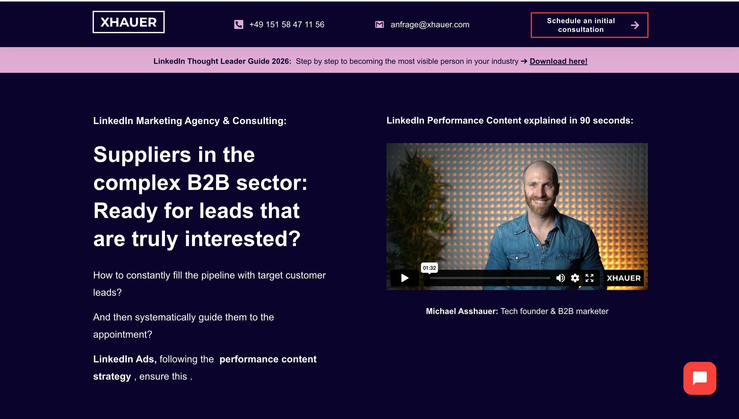XHAUER LinkedIn ads agency homepage with founder Michael Asshauer and a B2B lead generation headline.