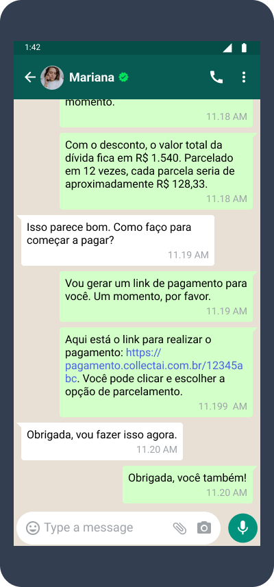 Tela de celular mostrando uma conversa no WhatsApp sobre a negociação de uma dívida utilizando o CollectAI.