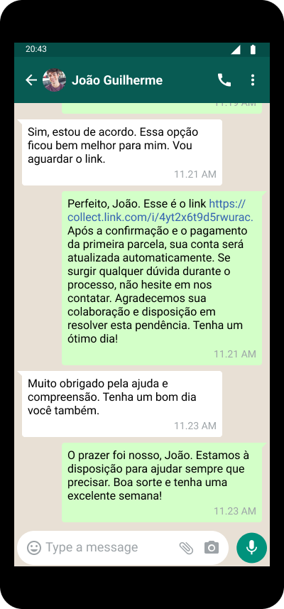 Usuário do WhatsApp discutindo opções de parcelamento para pagamento de dívida com ajuda da automação de IA do CollectAI.