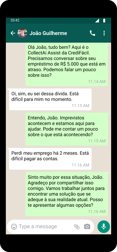 Conversa no WhatsApp onde a IA do CollectAI auxilia no processo de cobrança e renegociação de dívida.