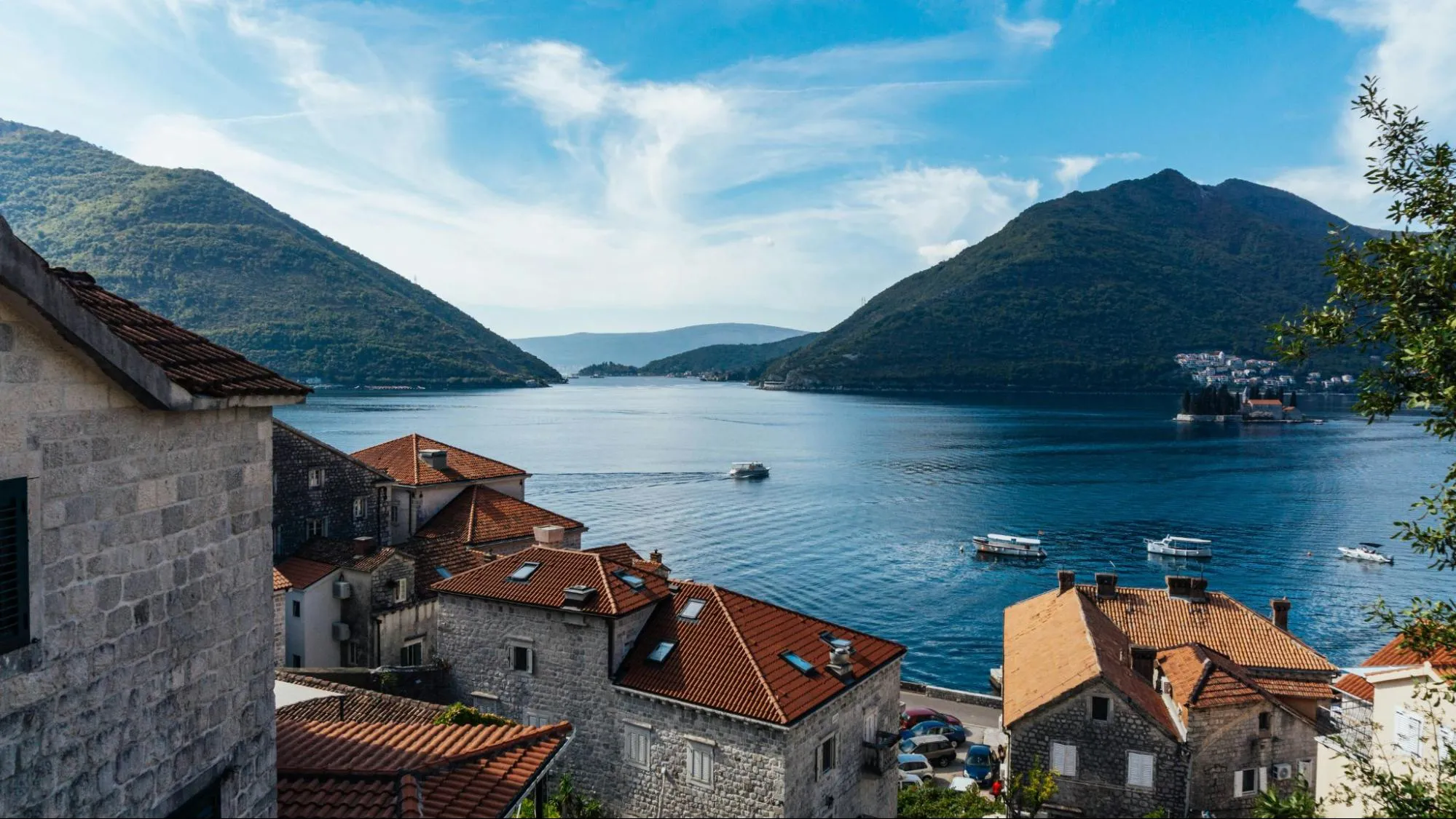View of houses near the coast in Perast, Montenegro.
