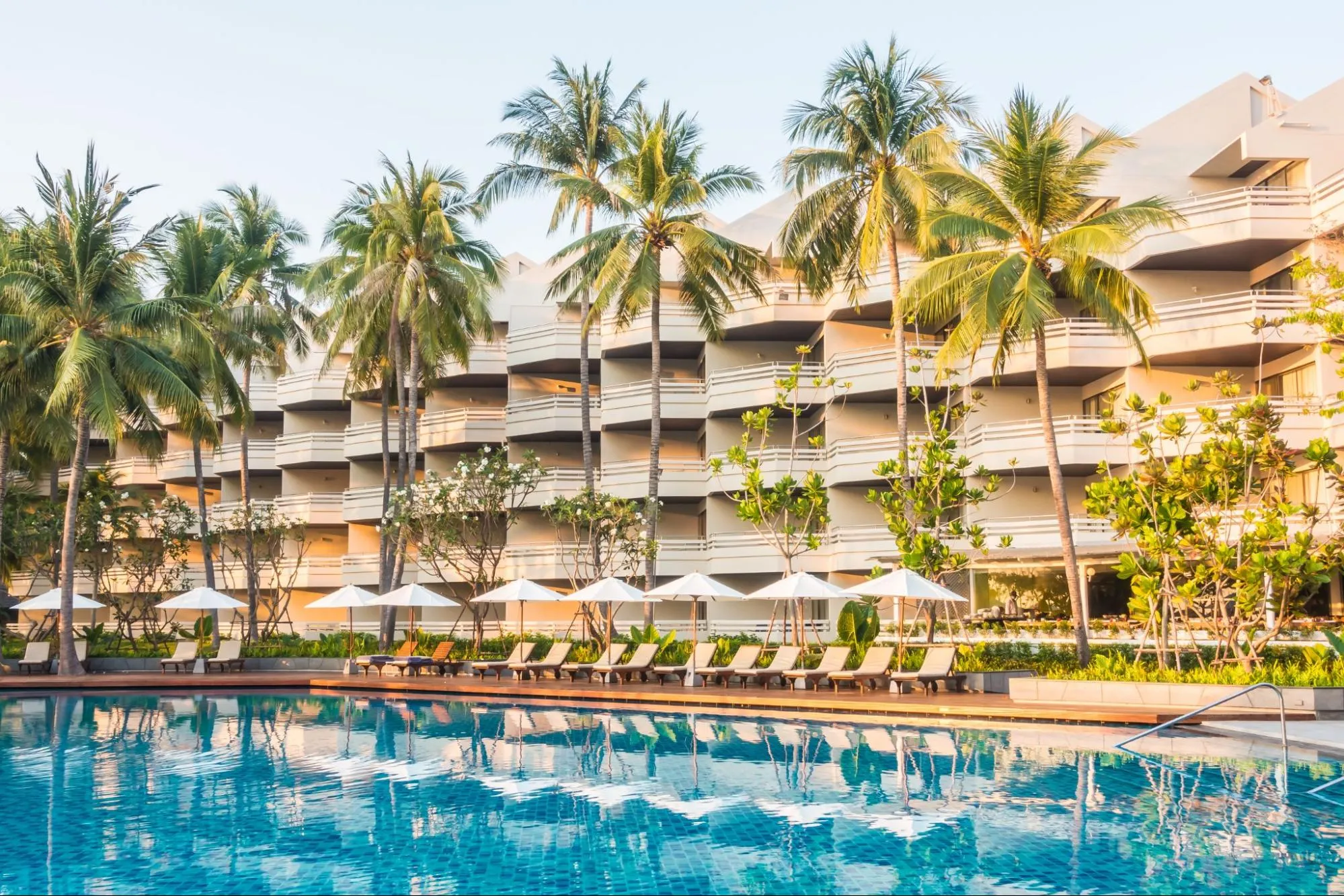 Hotel rooms with a pool in the front with lots of coconut trees.